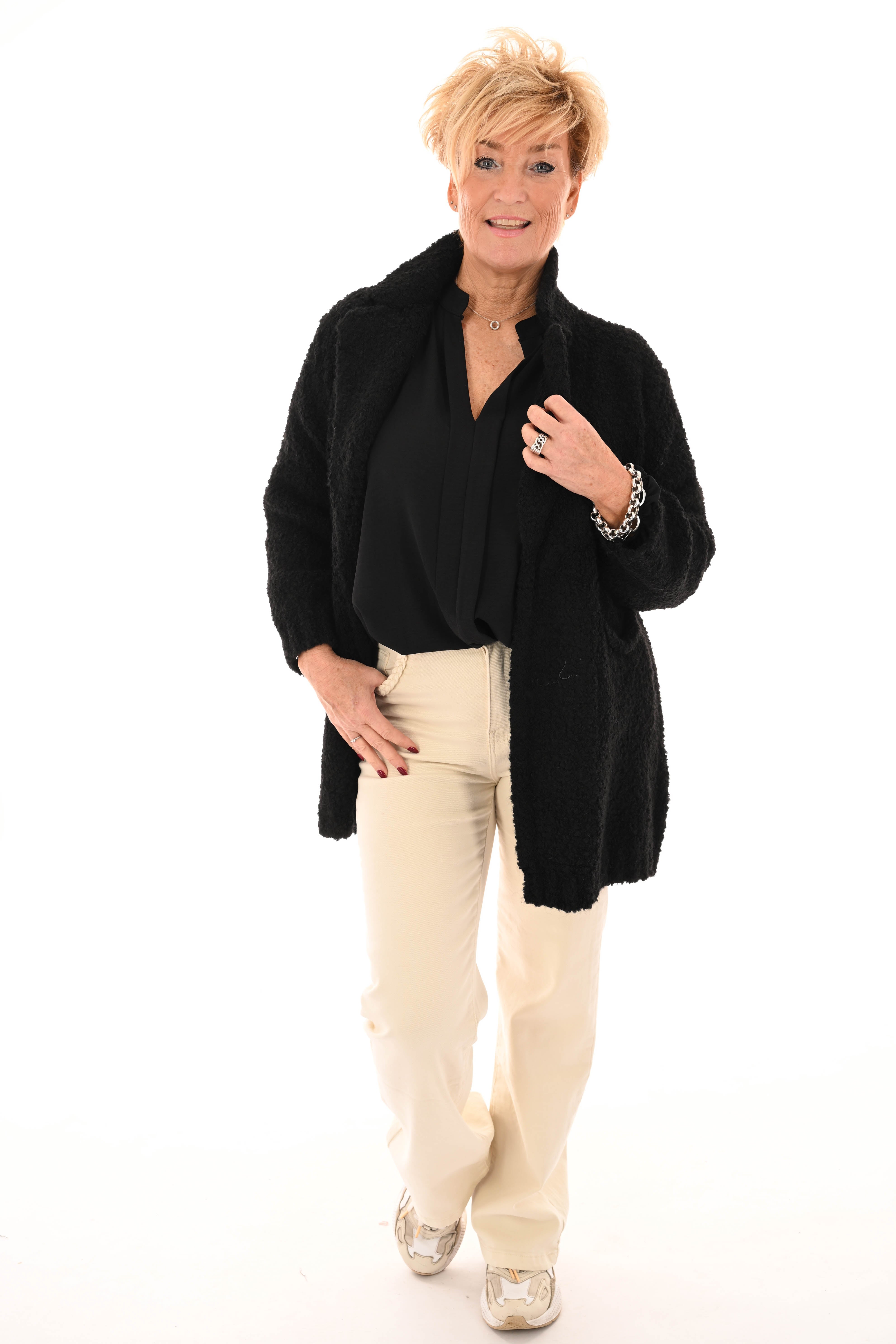 Boucle vest met kraag zwart