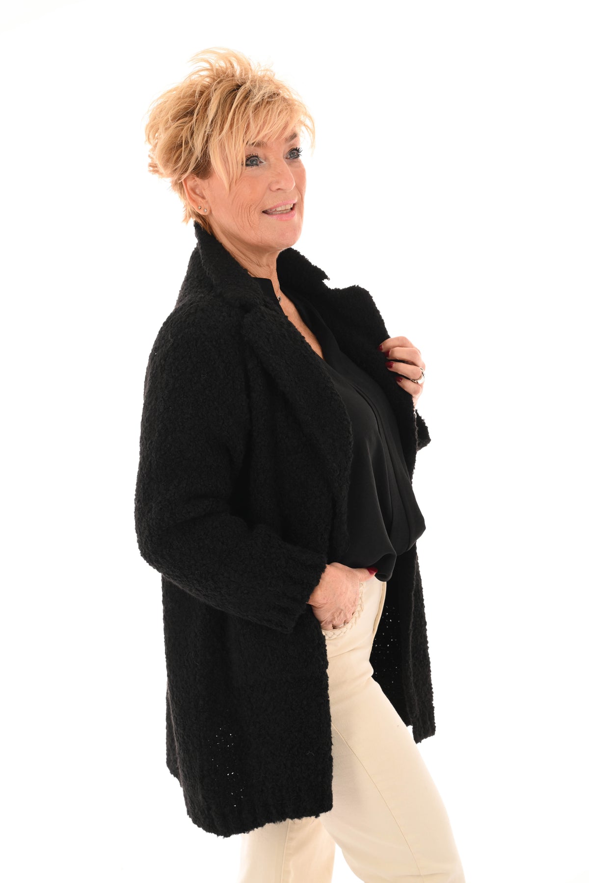 Boucle vest met kraag zwart