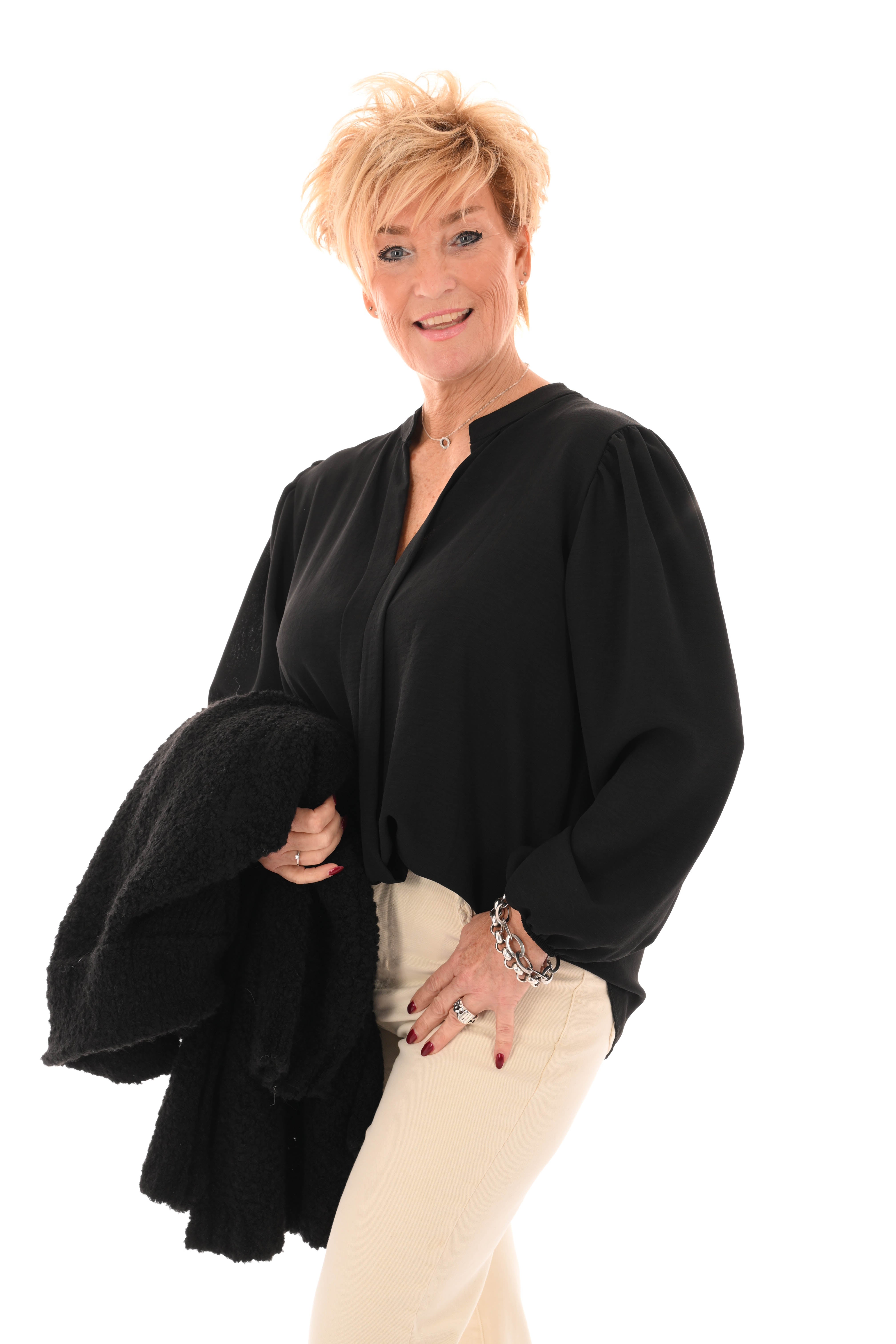 Top lange mouwen v-hals uni zwart