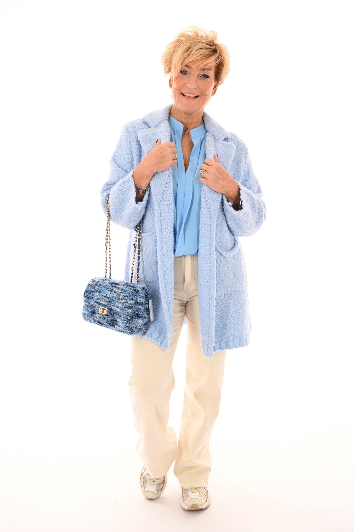 Boucle vest met kraag lichtblauw