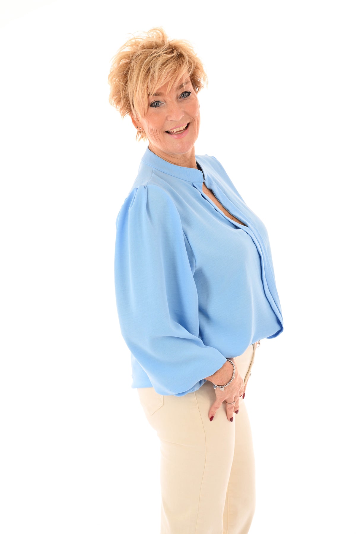 Top lange mouwen v-hals uni lichtblauw