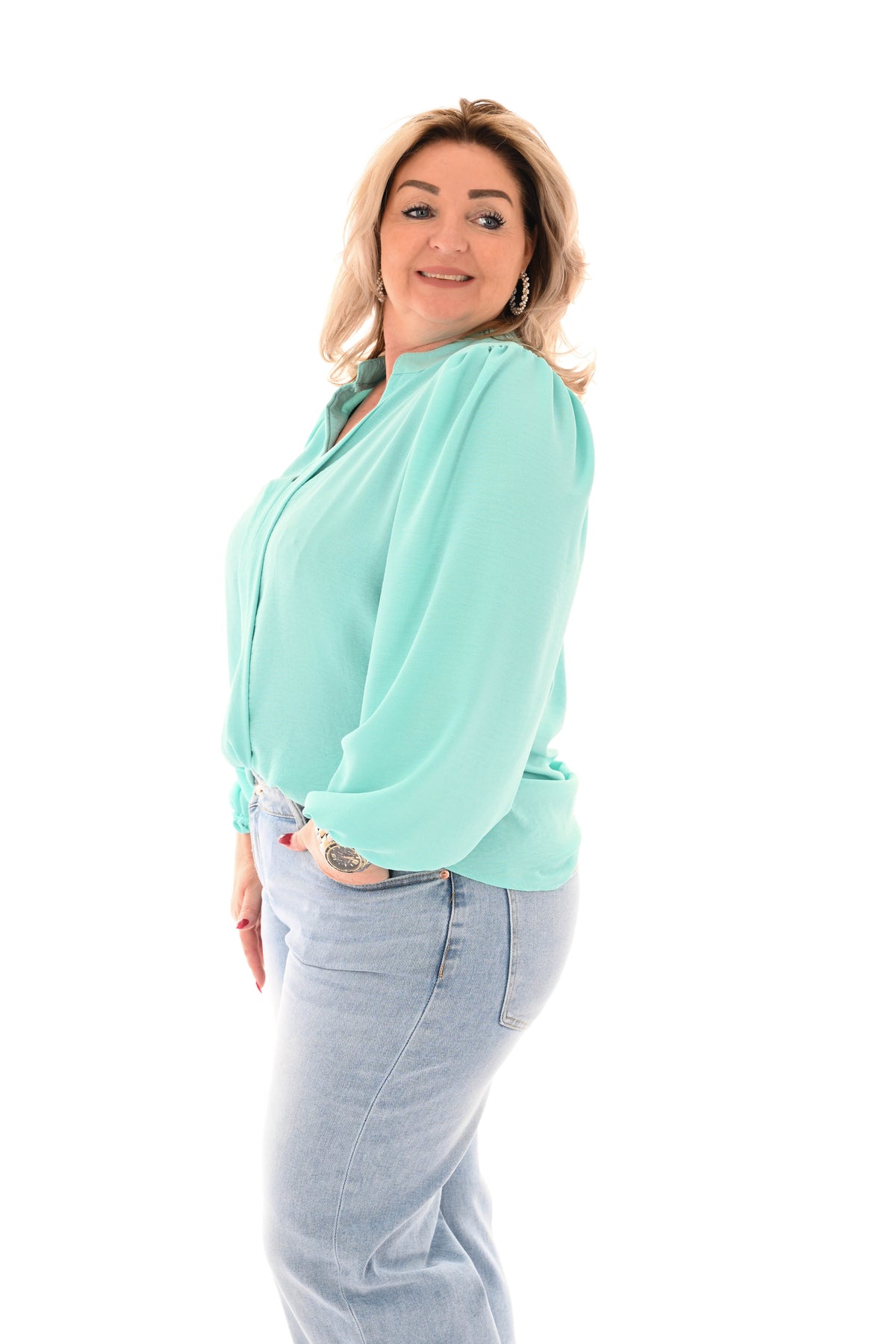 Top lange mouwen v-hals uni turquoise