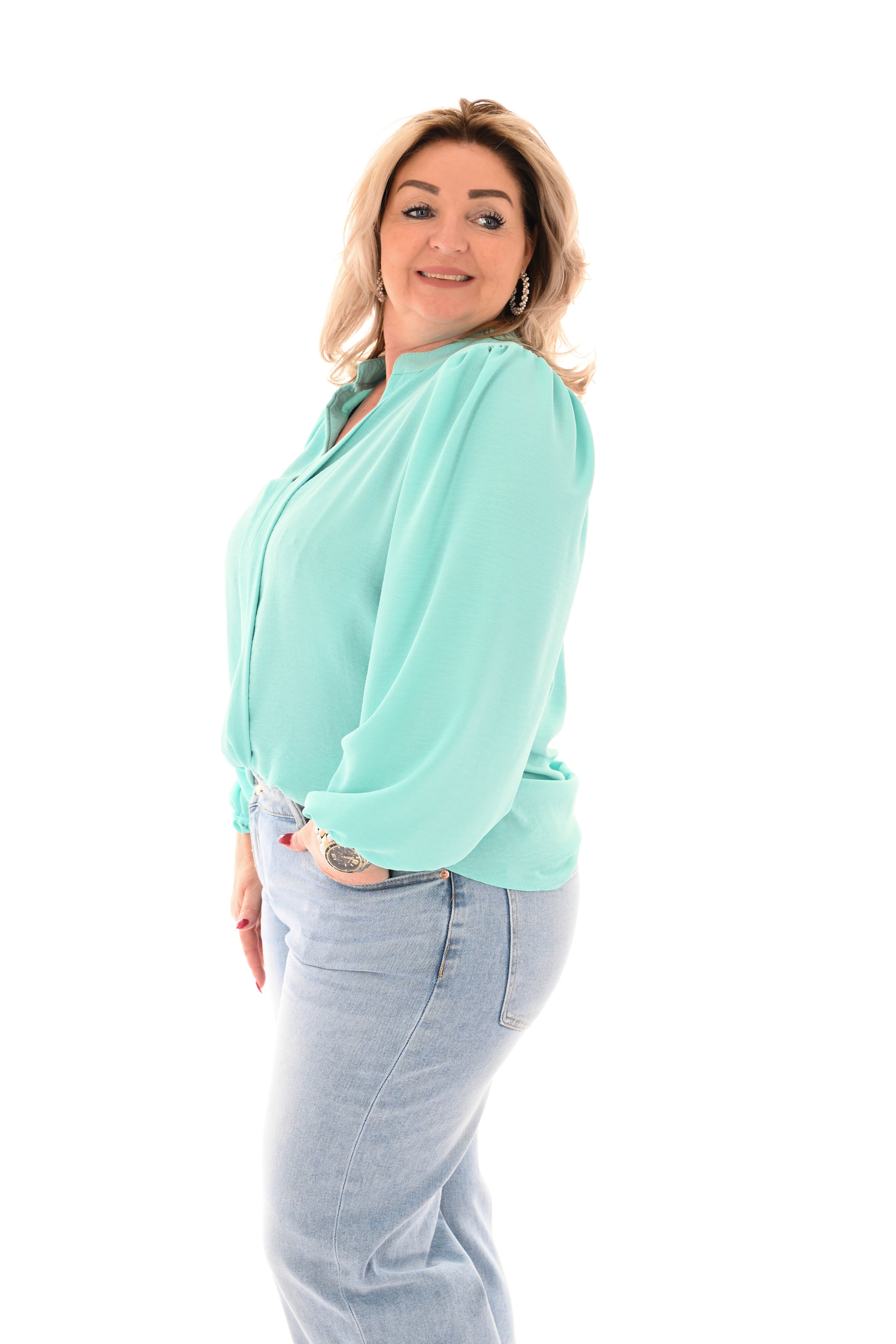 Top lange mouwen v-hals uni turquoise