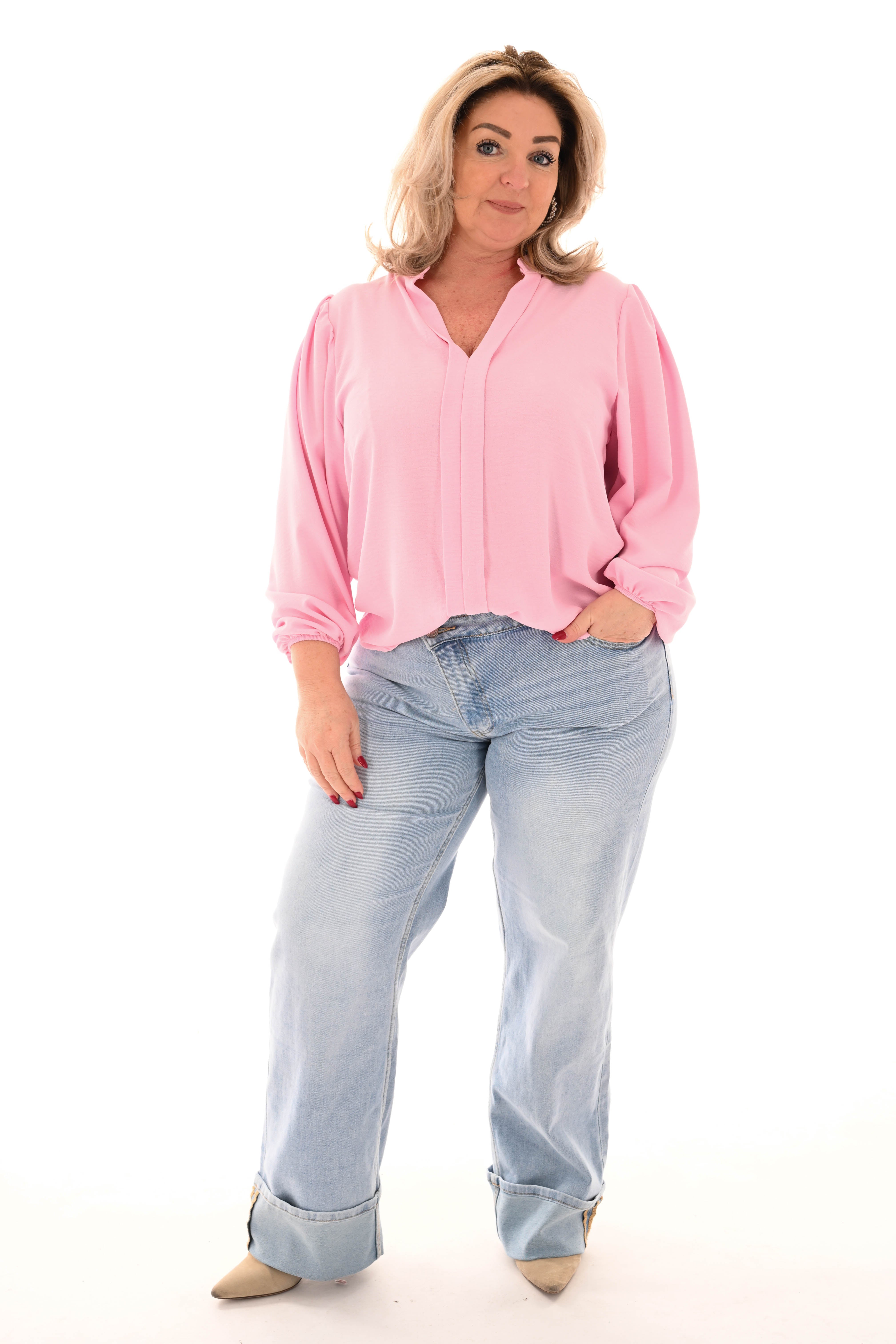 Top lange mouwen v-hals uni roze