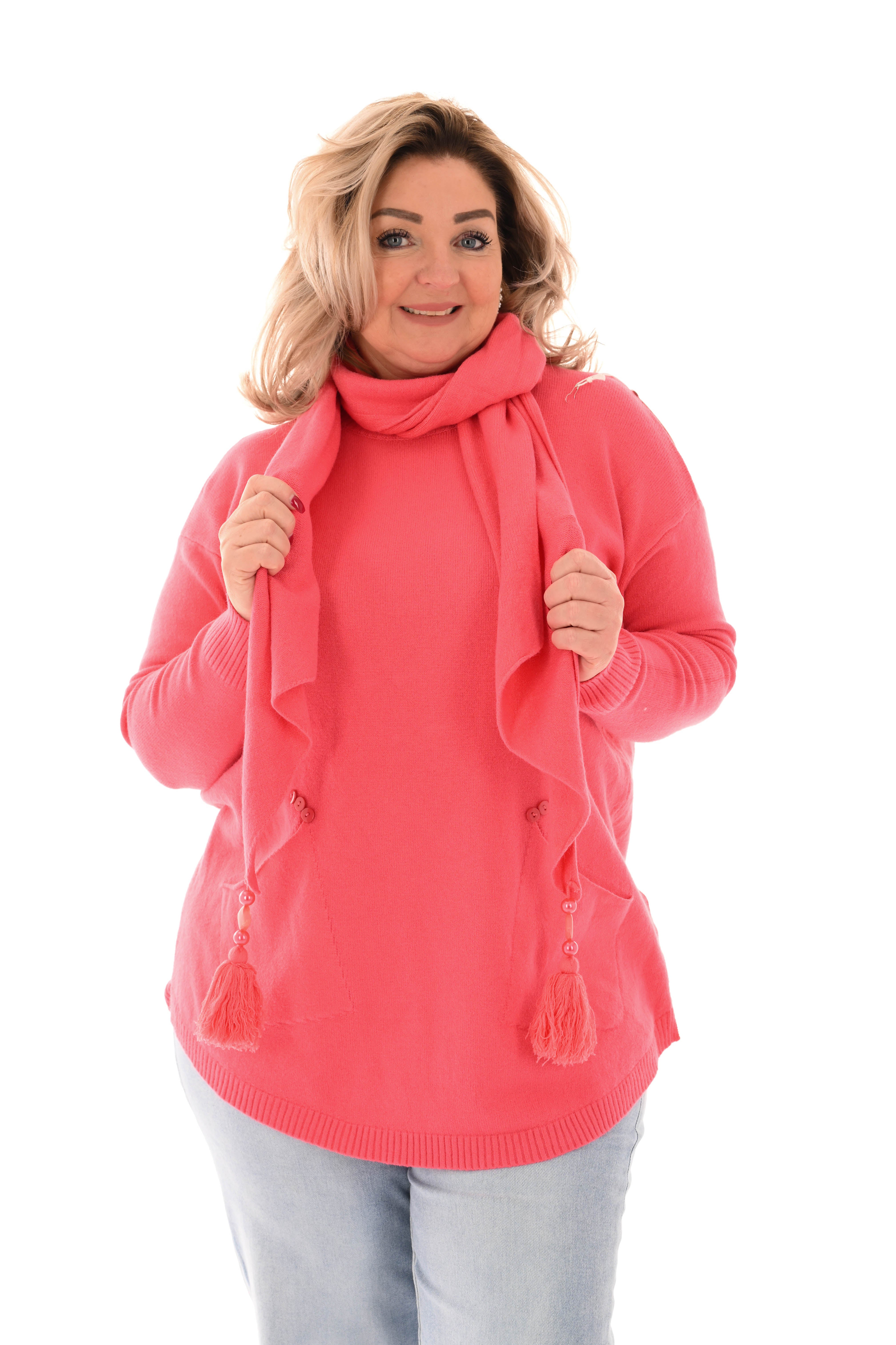 Fijn gebreide trui met sjaal koraal