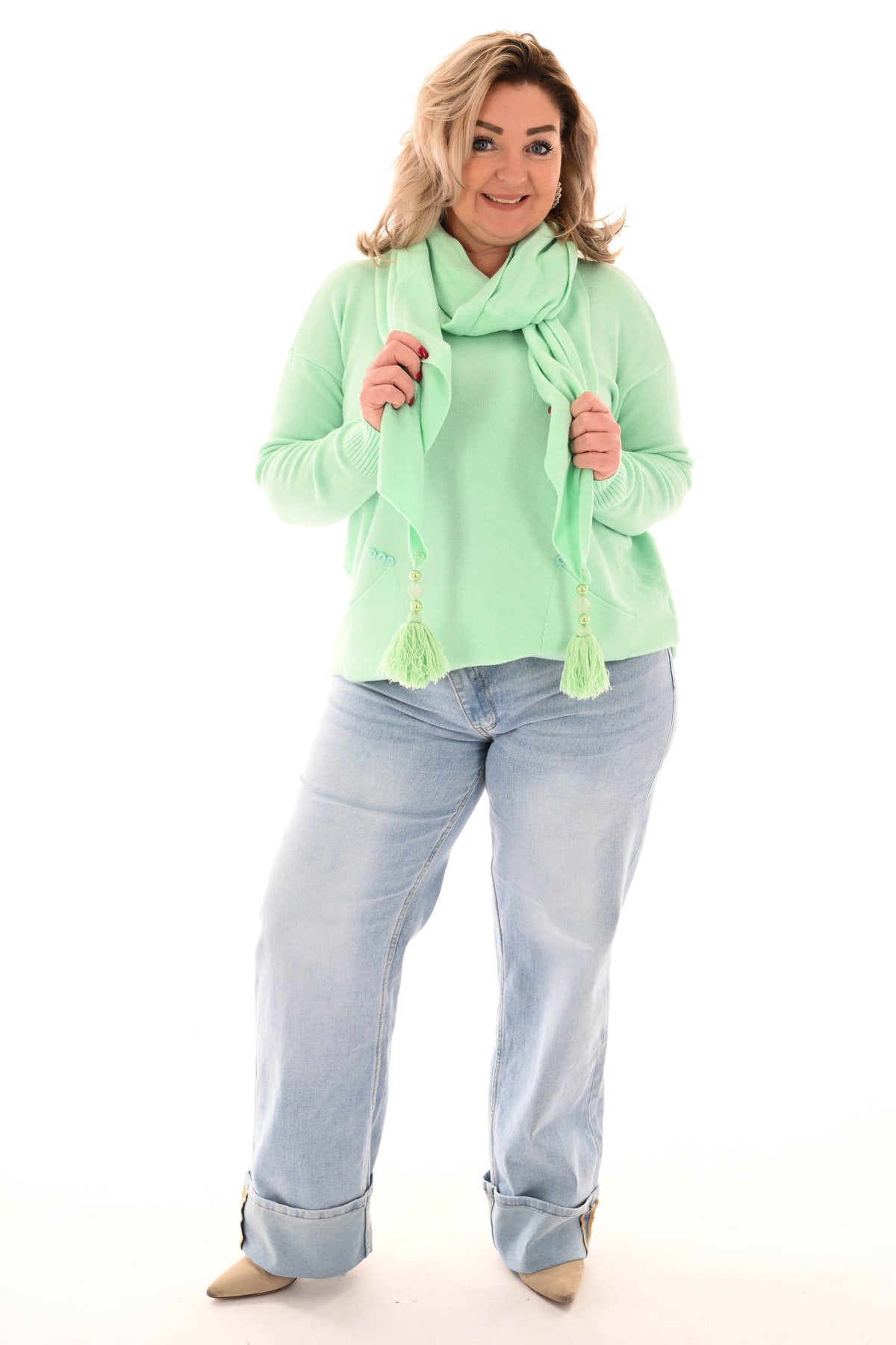 Fijn gebreide trui met sjaal mint