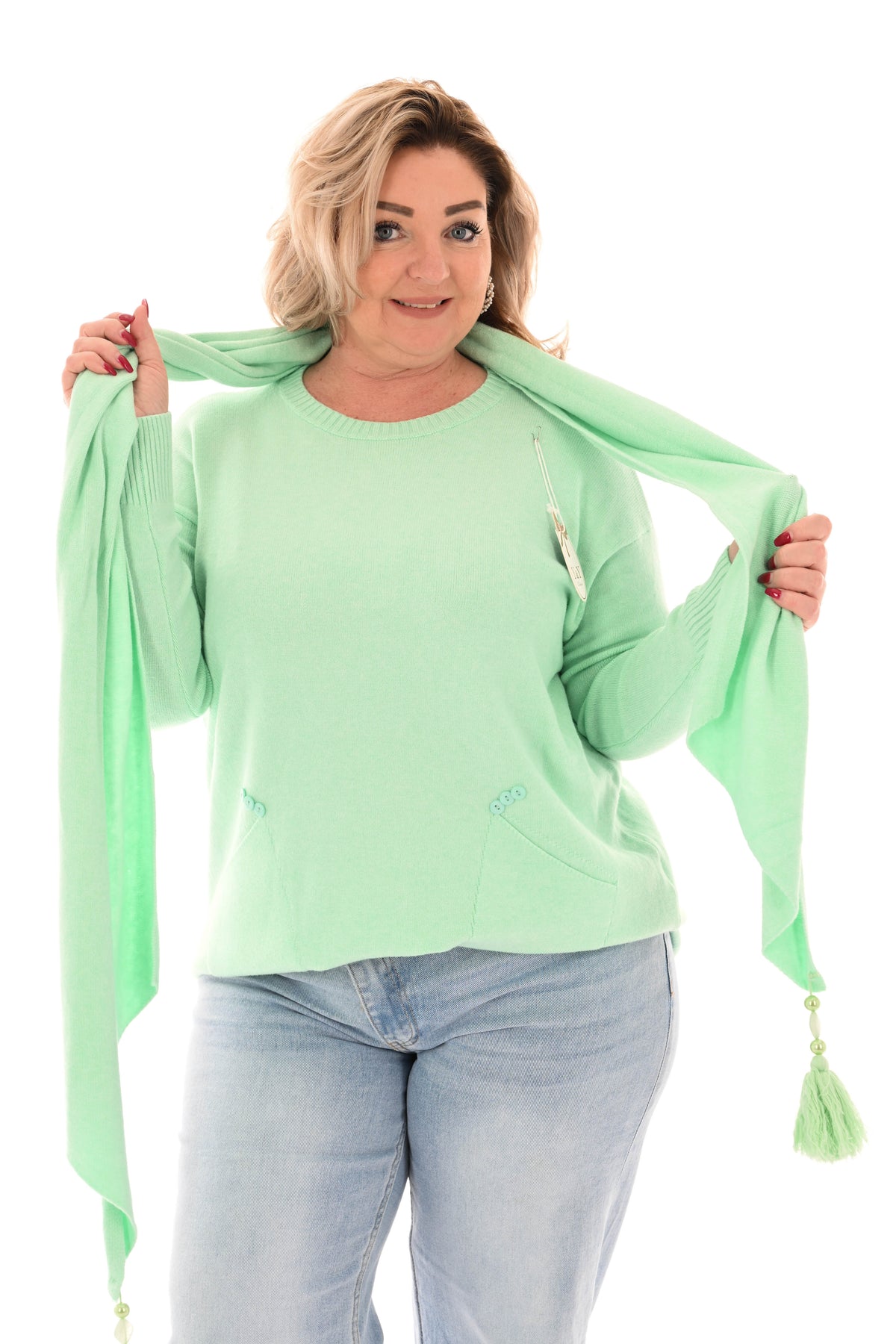 Fijn gebreide trui met sjaal mint