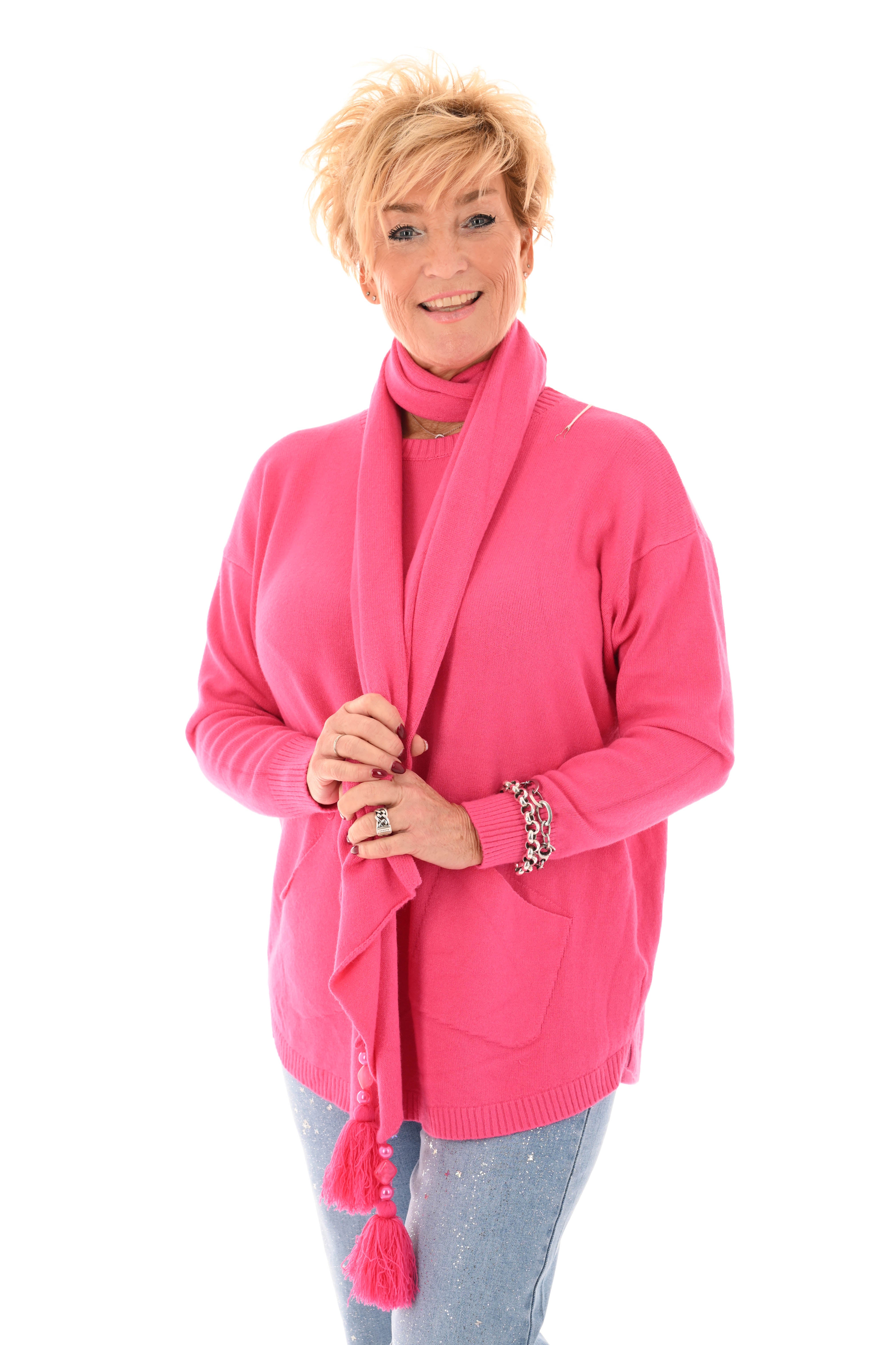 Fijn gebreide trui met sjaal fuchsia