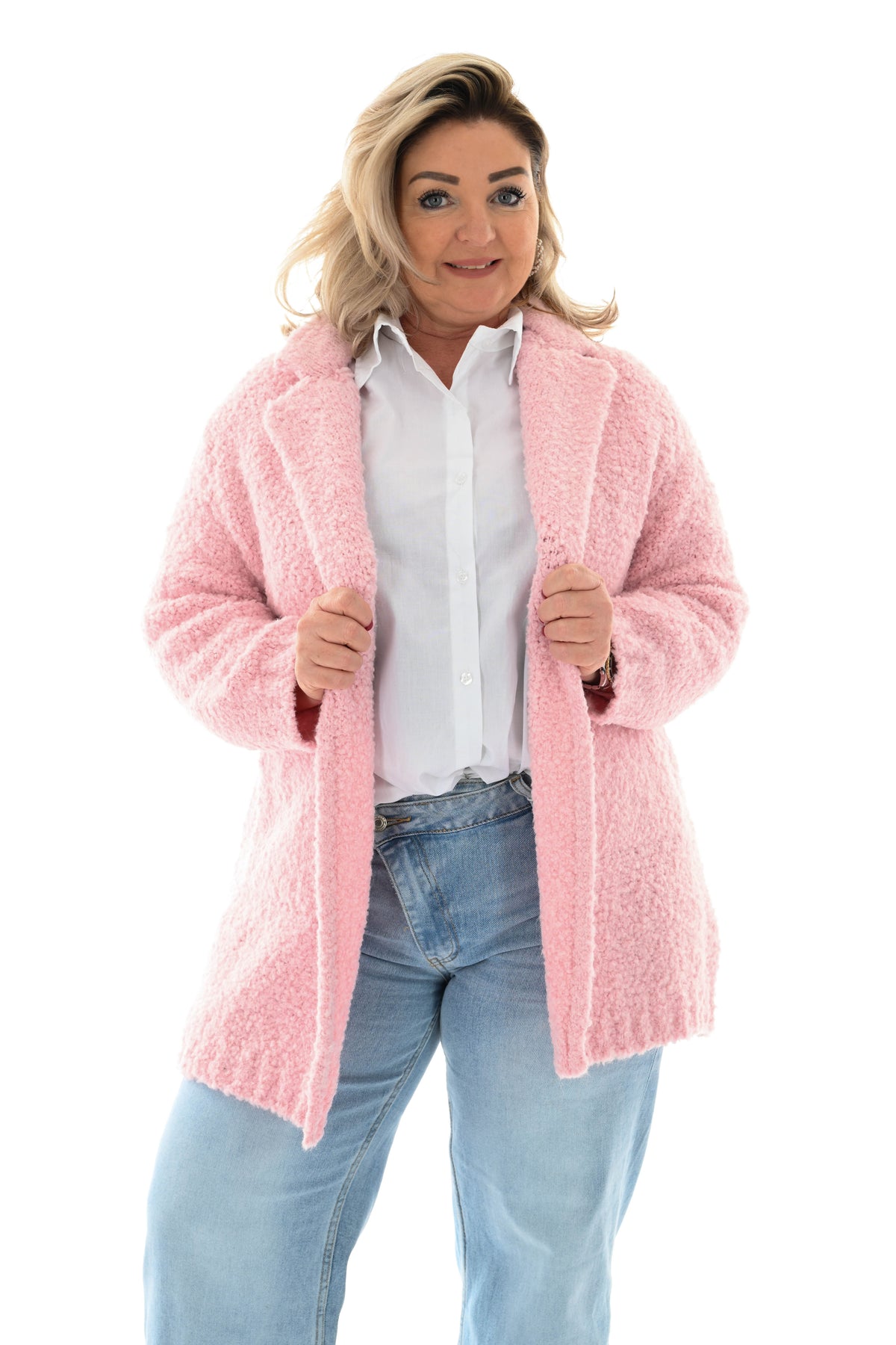 Boucle vest met kraag lichtroze