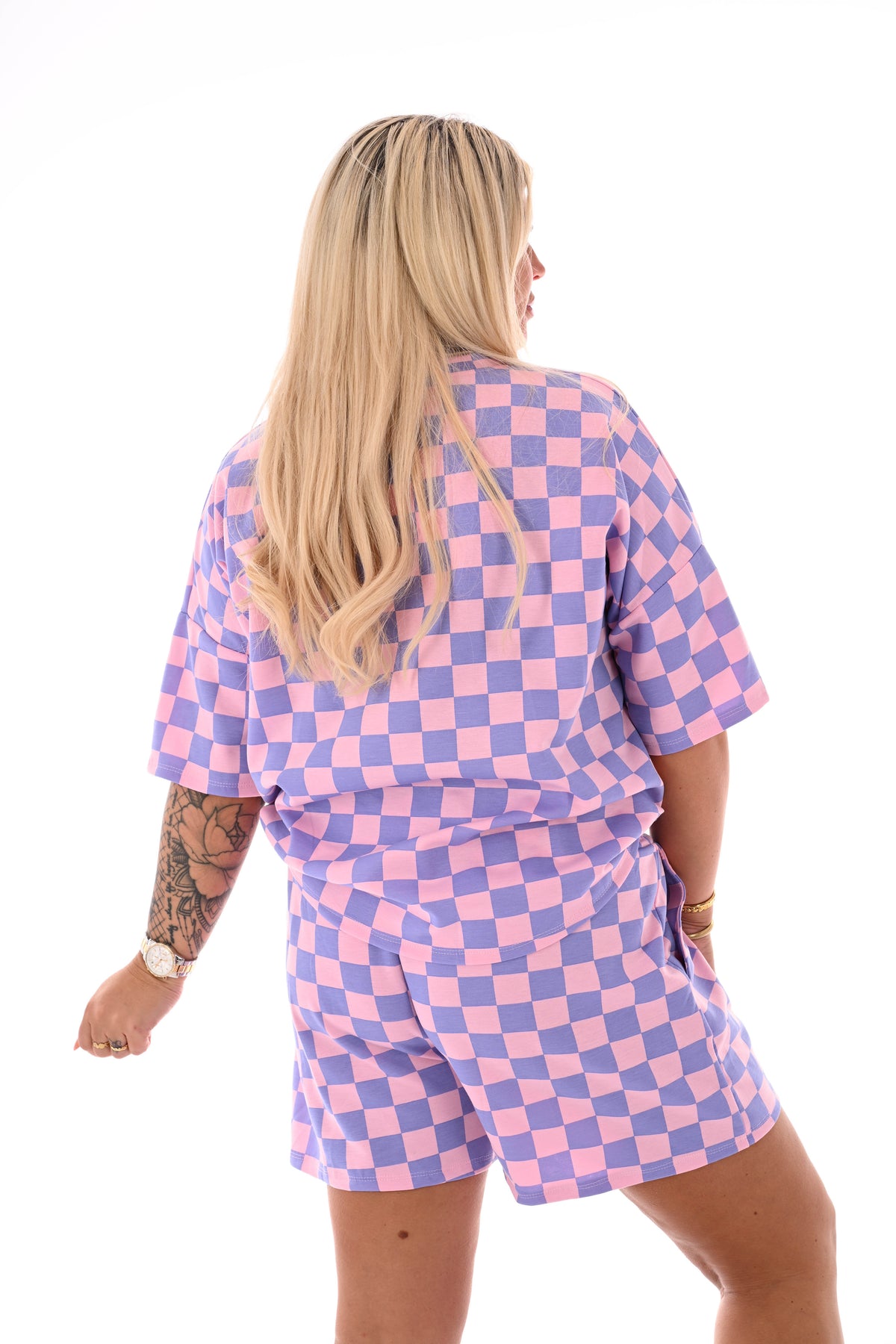 Twinset geblokt met applicatie lichtroze/paars