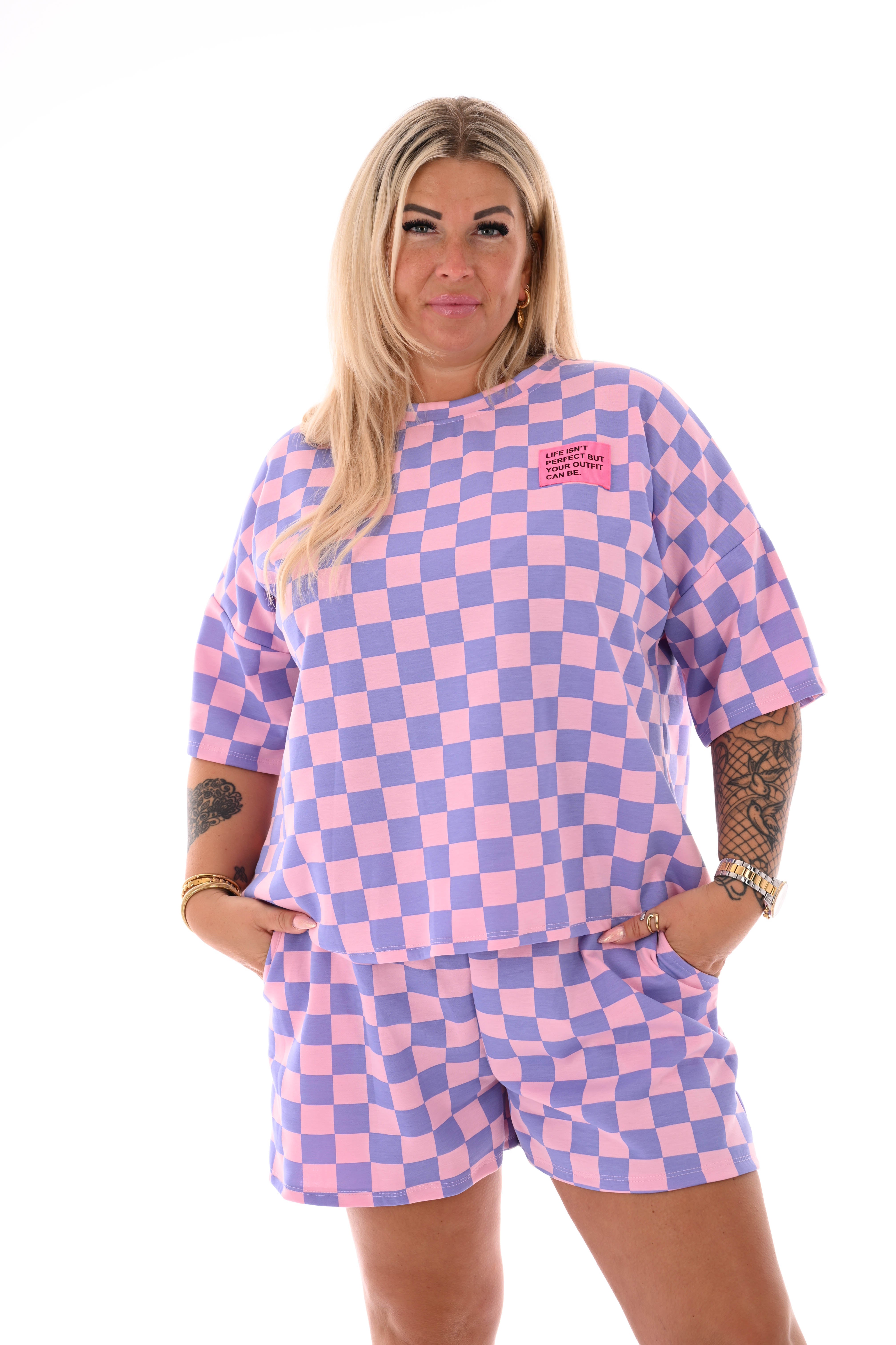 Twinset geblokt met applicatie lichtroze/paars