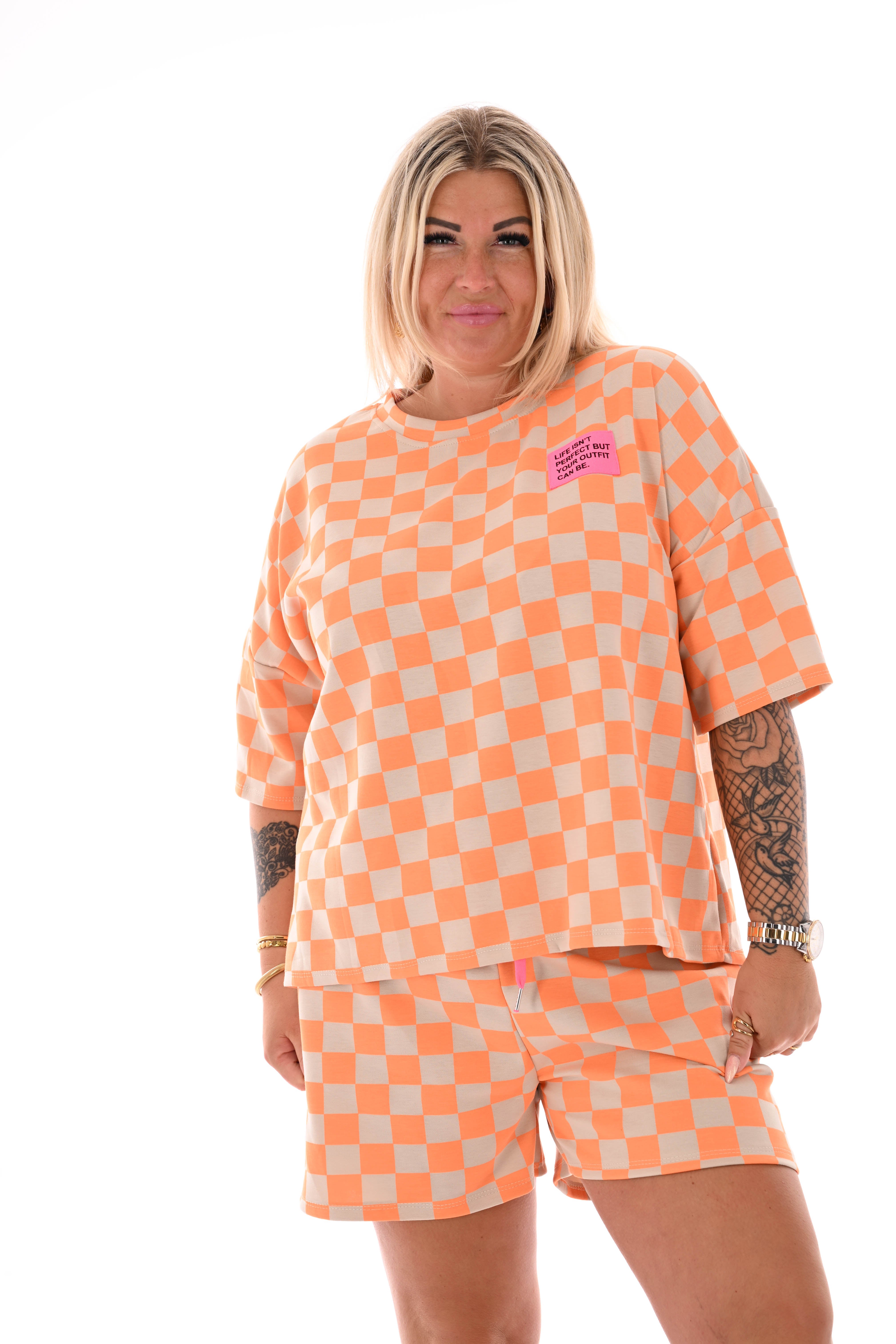 Twinset geblokt met applicatie beige/oranje