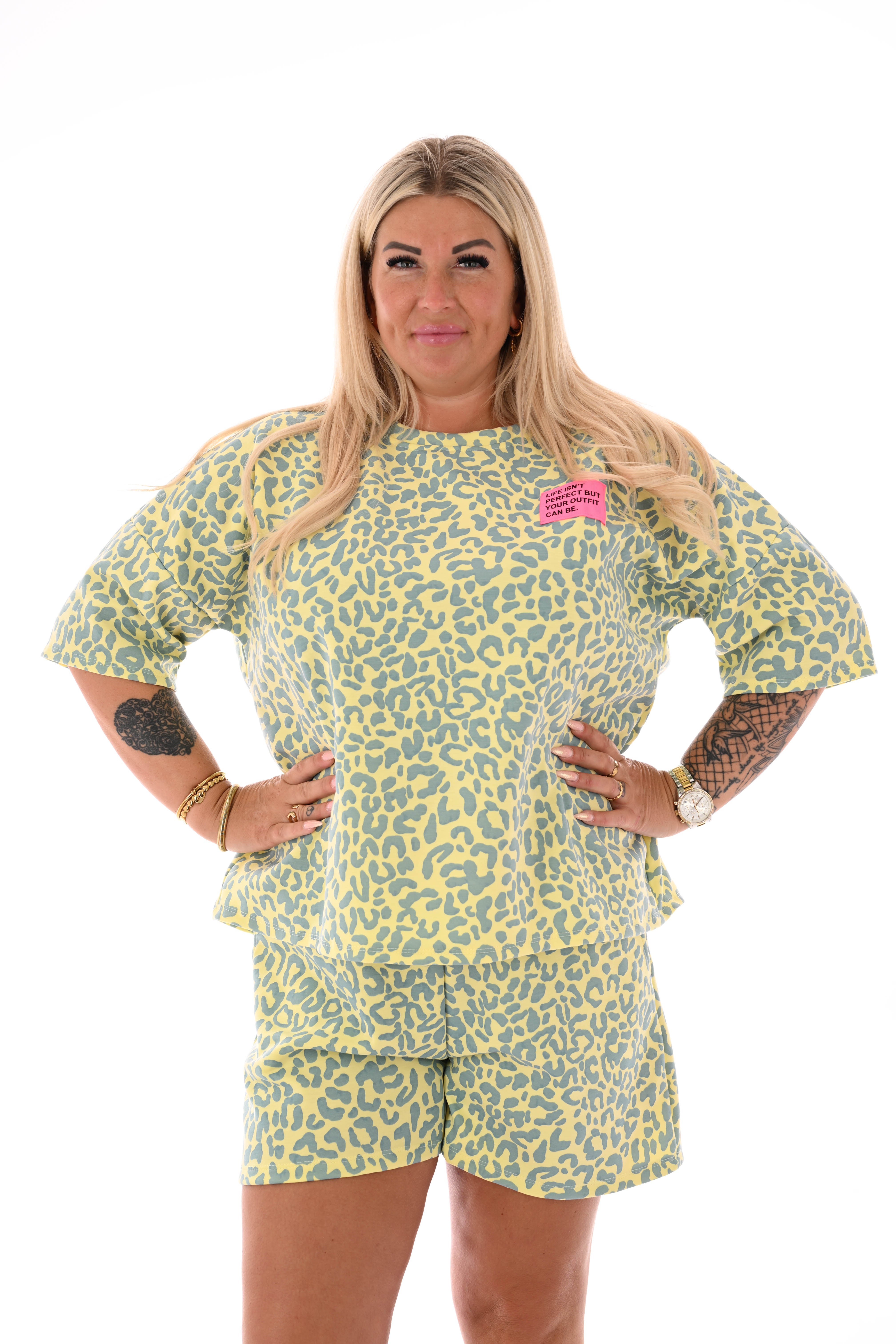 Twinset panterprint met applicatie geel/groen