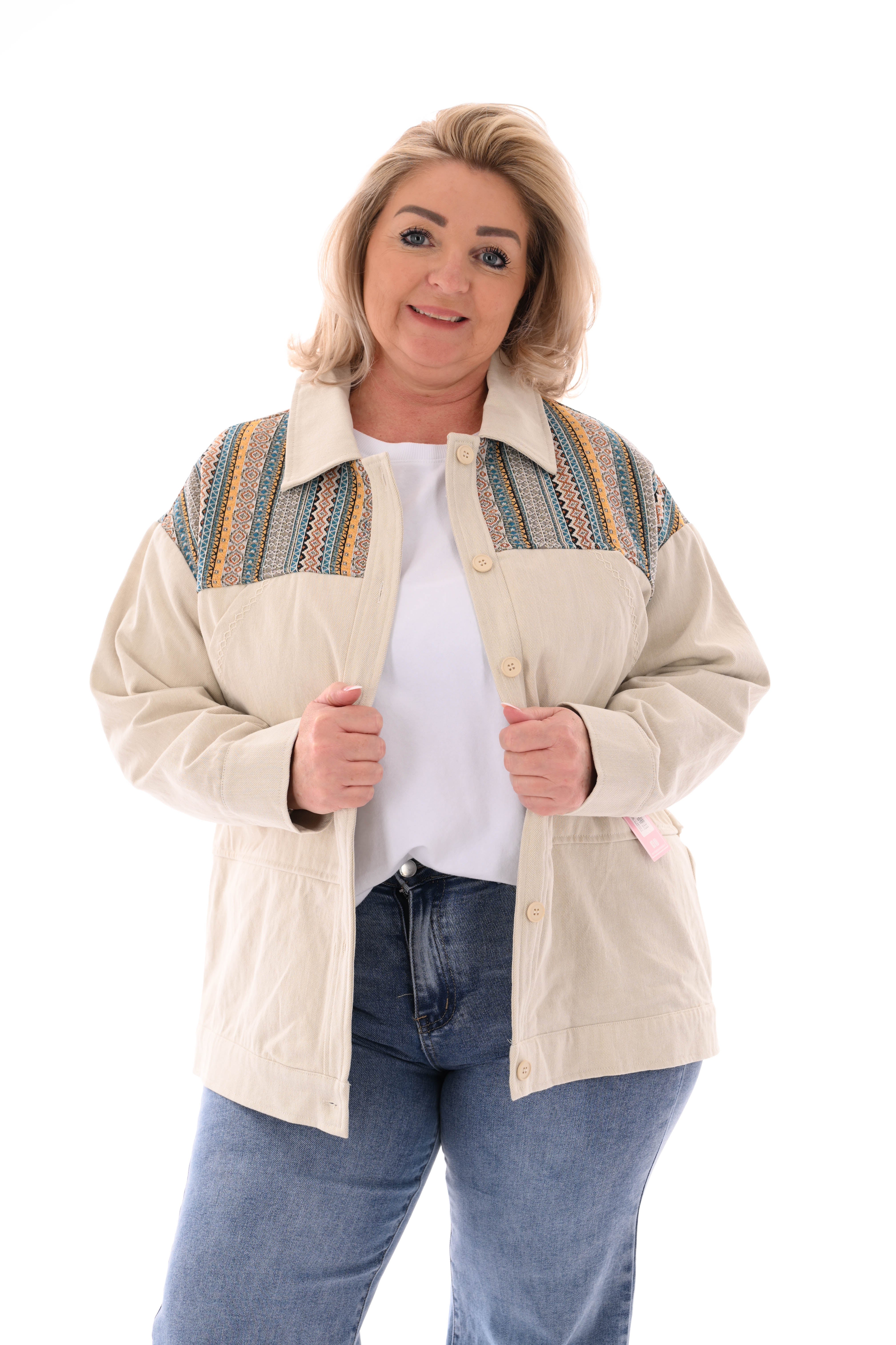 Oversized jas aztec borduursels beige