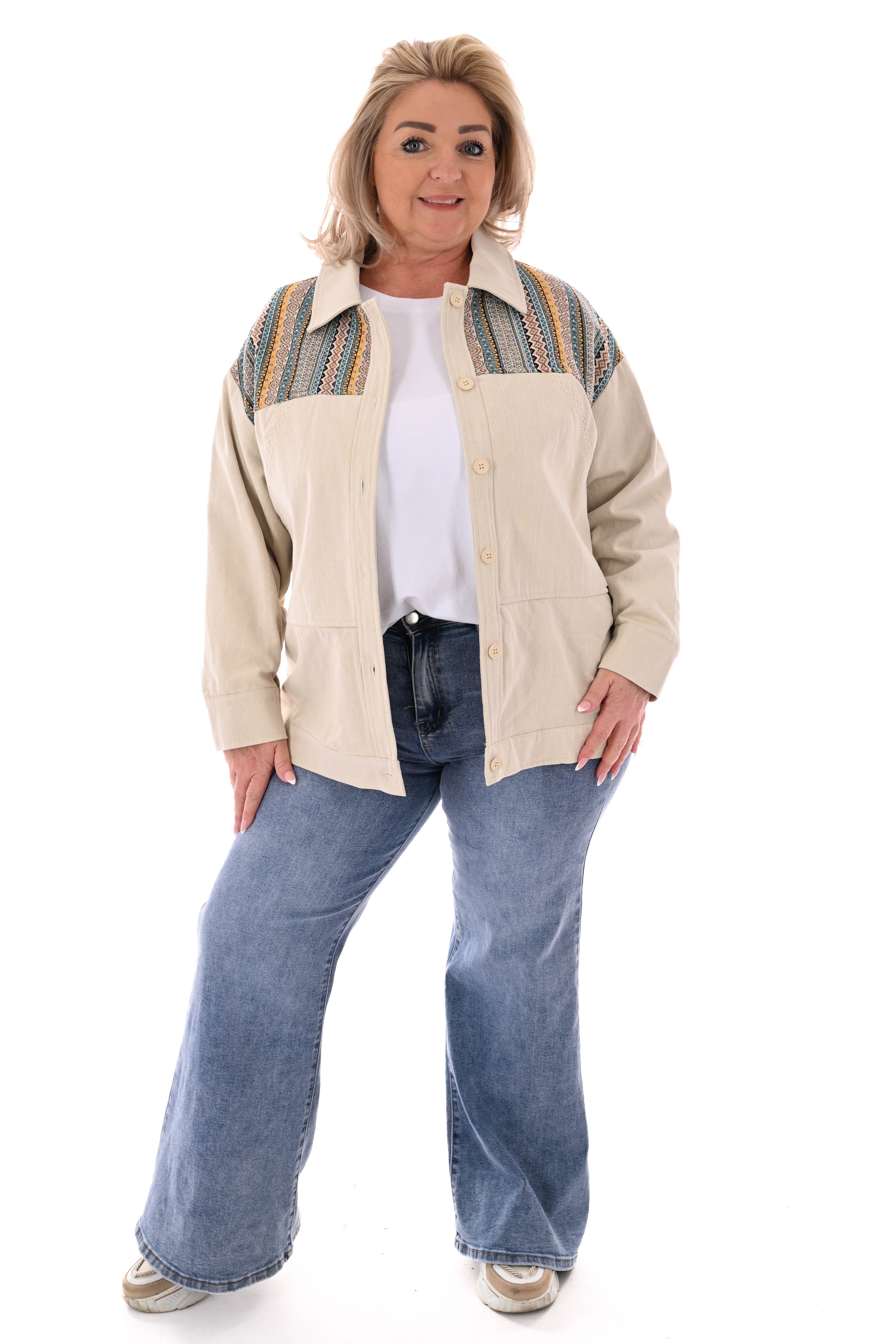 Oversized jas aztec borduursels beige