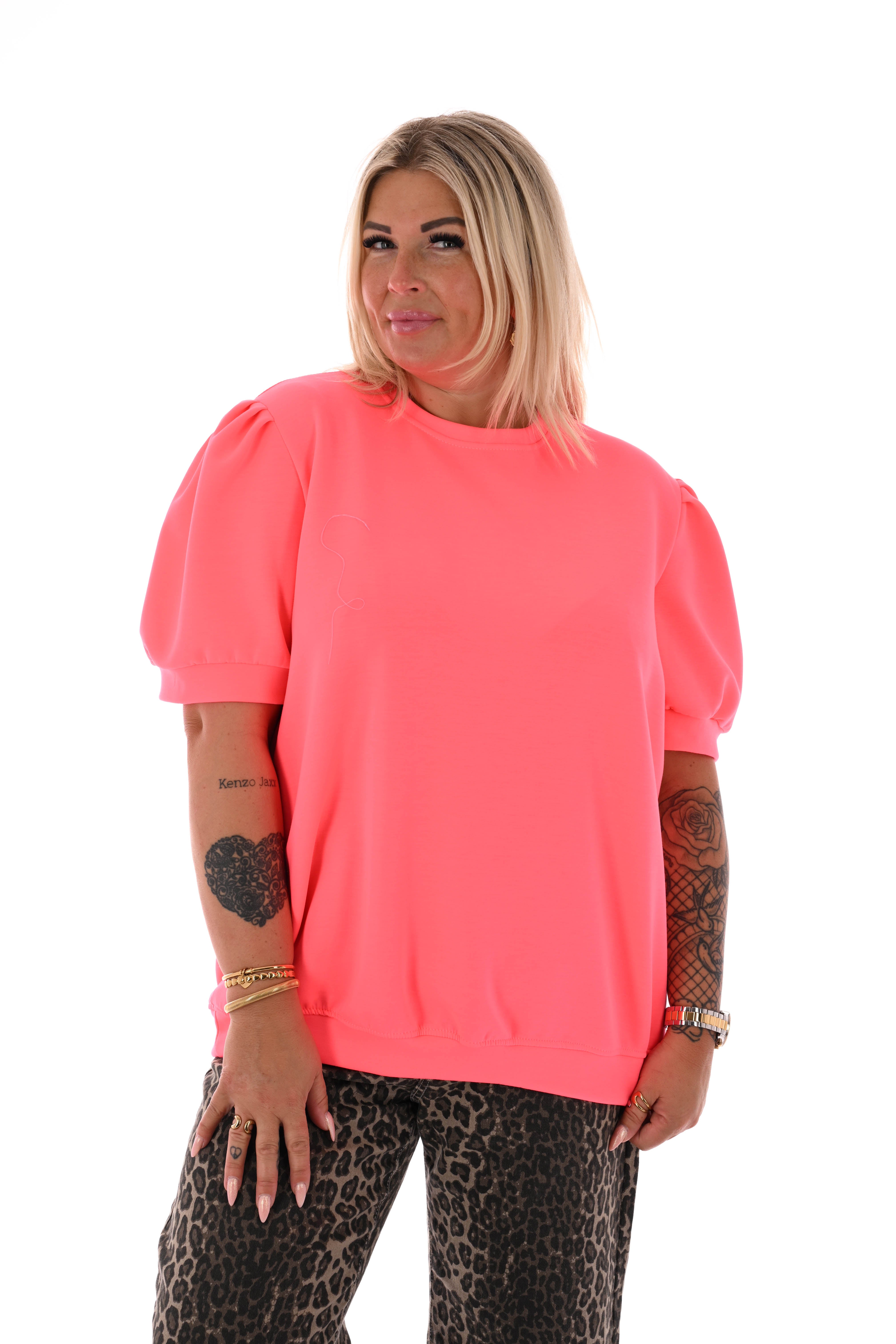 Sweater korte pofmouwen neonroze