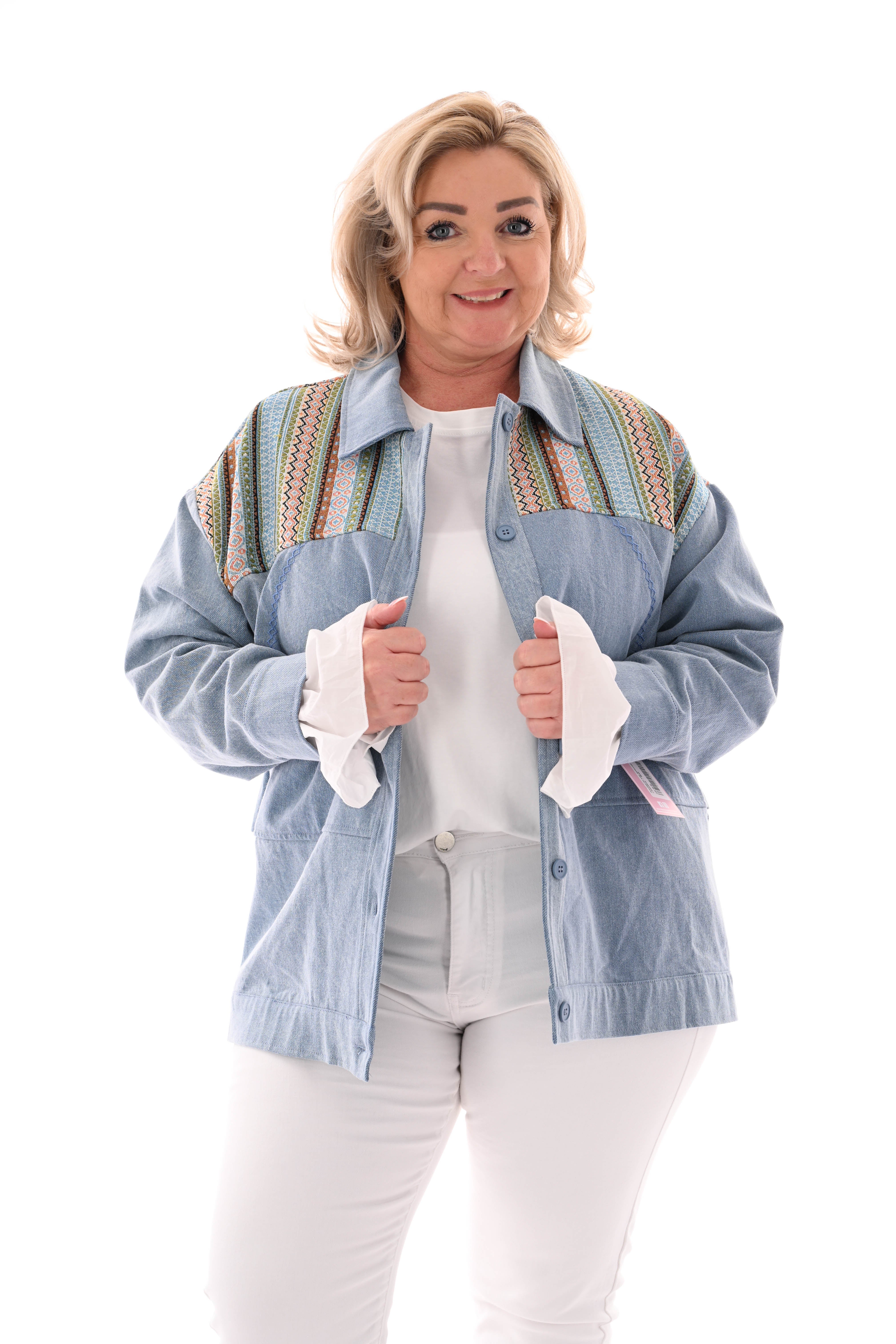 Oversized jas aztec borduursels jeansblauw
