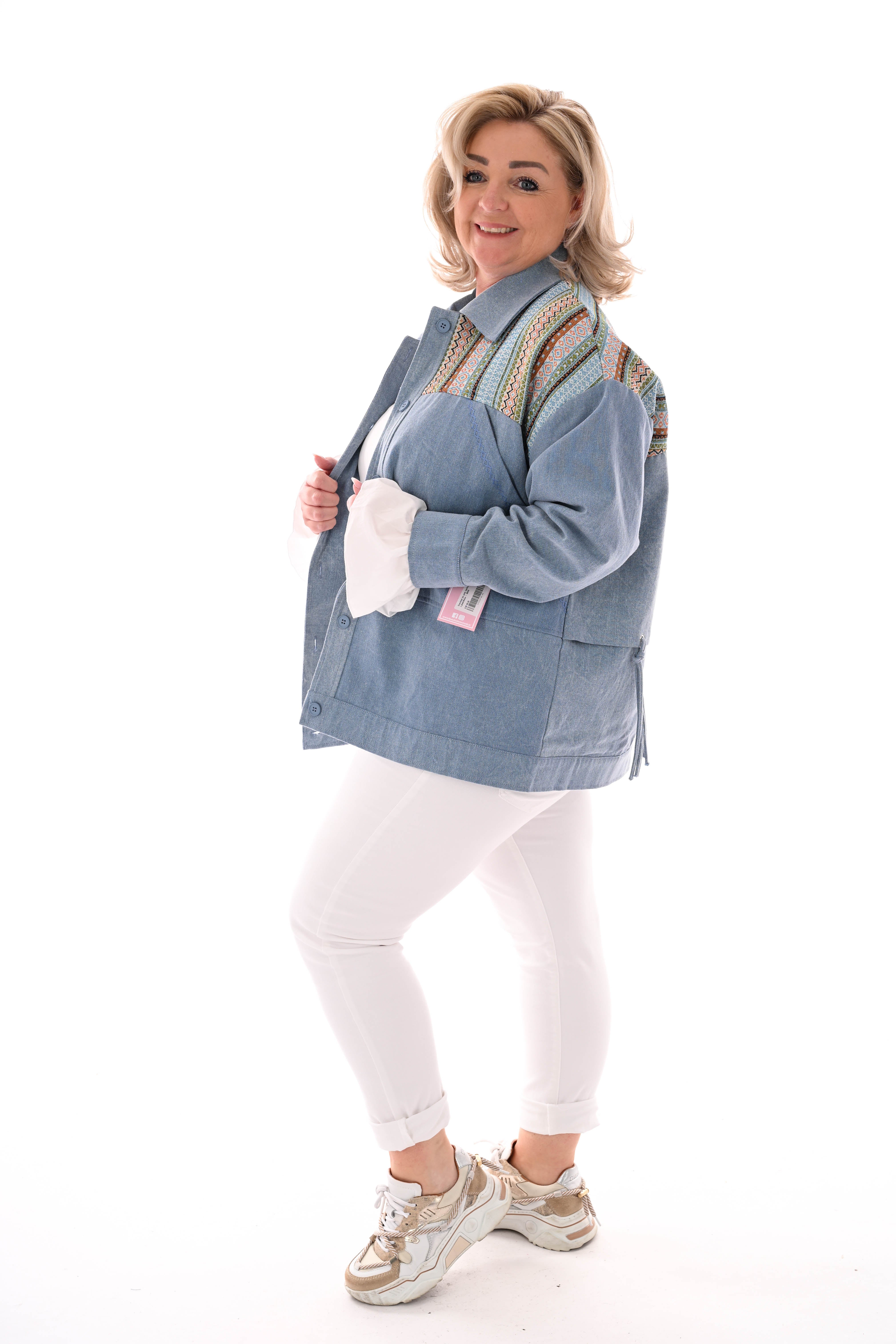 Oversized jas aztec borduursels jeansblauw
