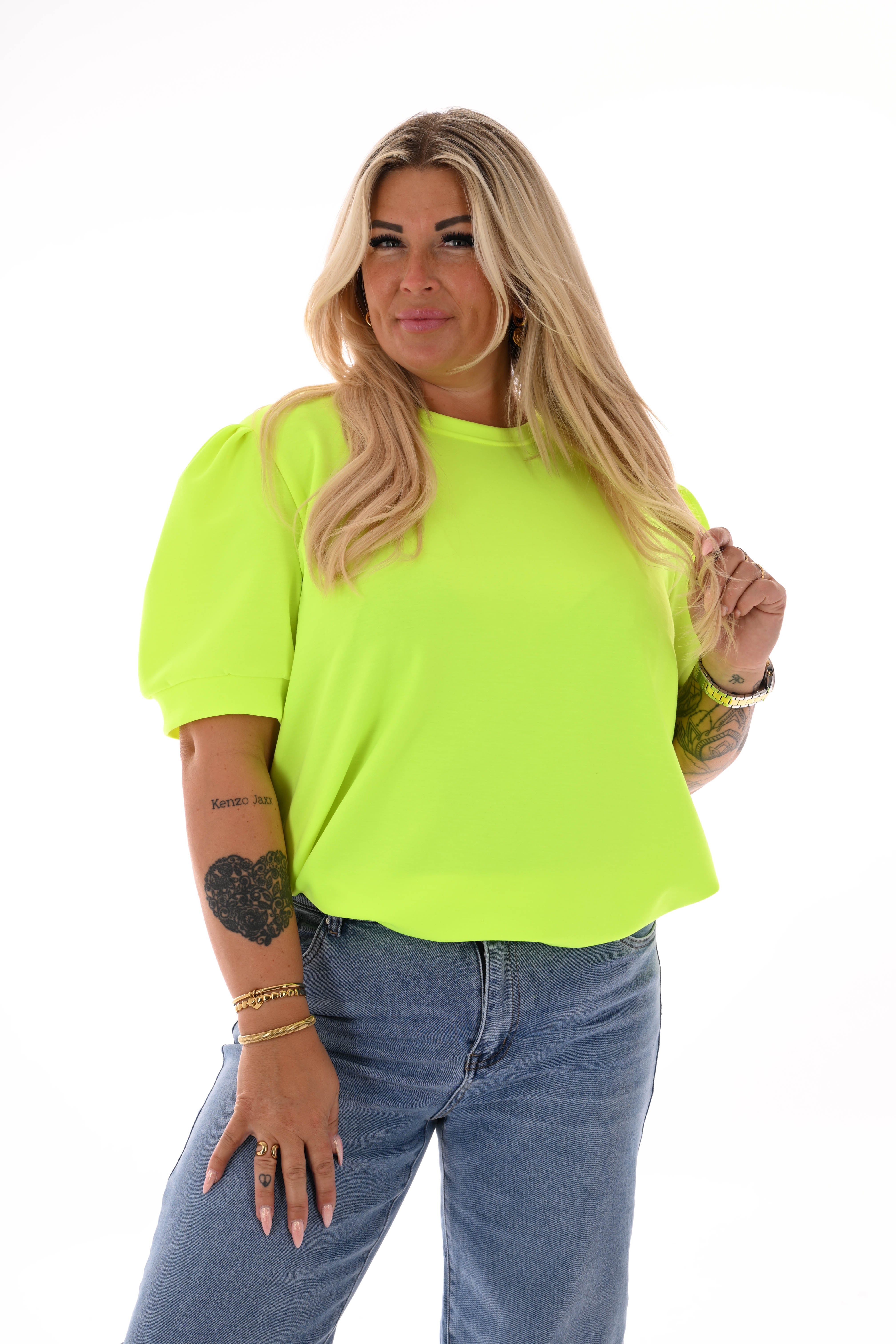 Sweater korte pofmouwen neongeel