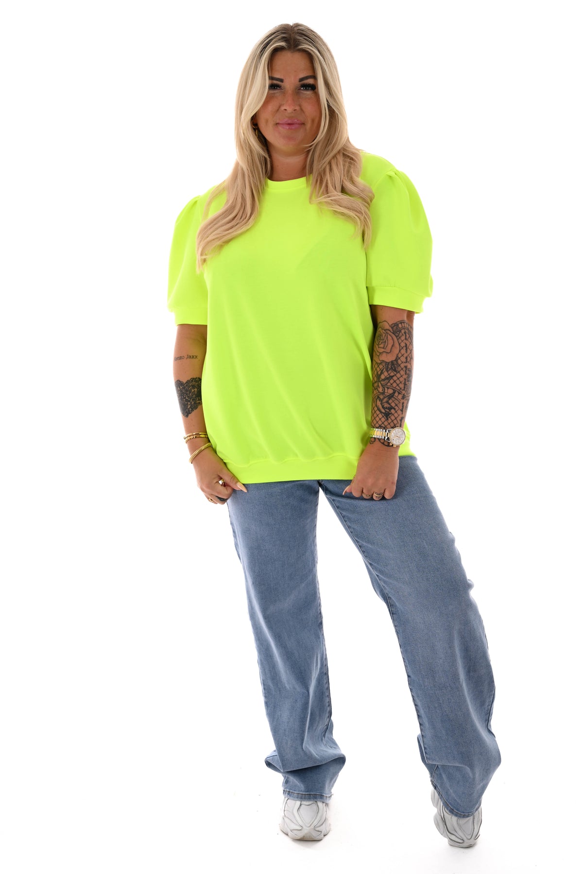 Sweater korte pofmouwen neongeel