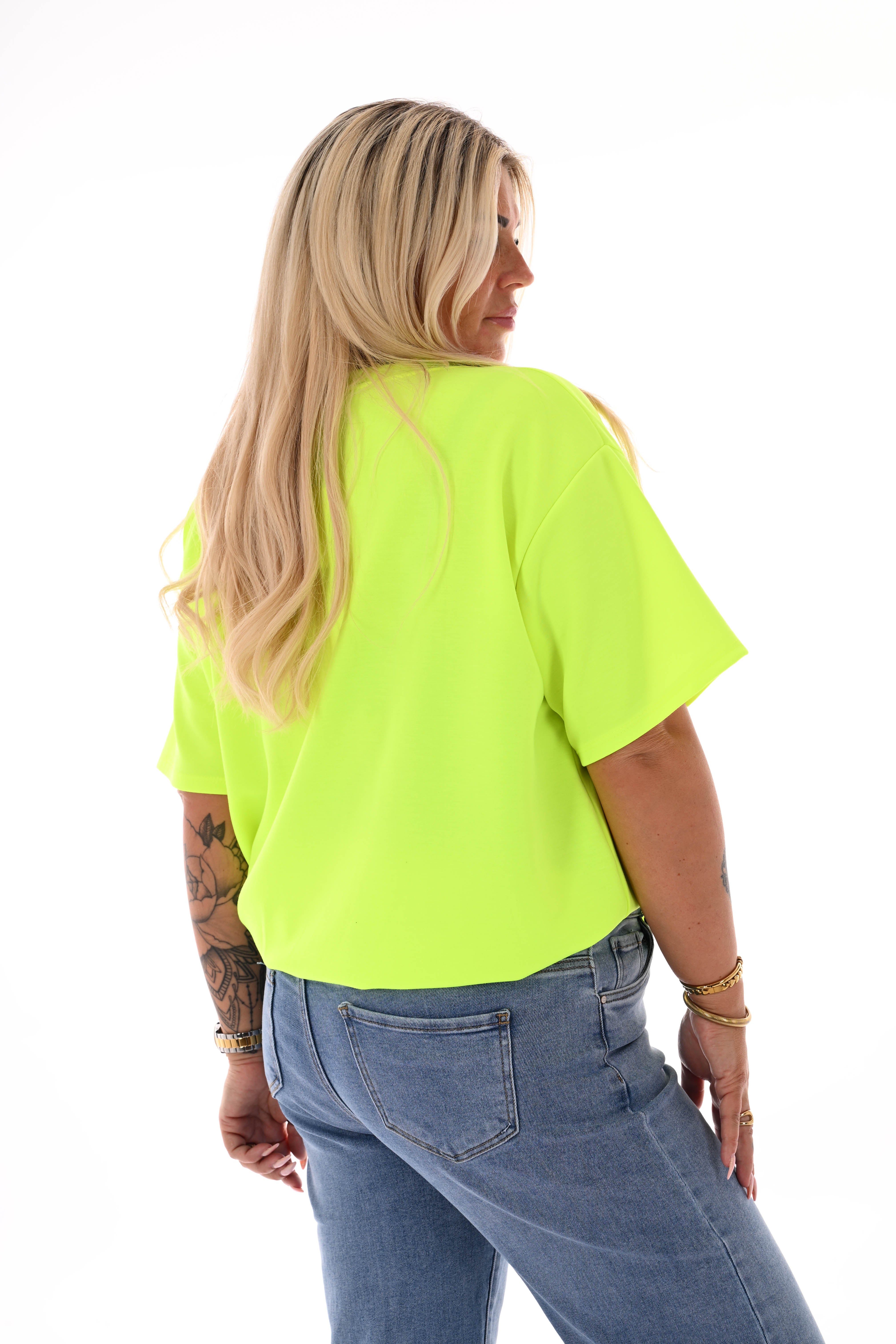 Sweater korte mouwen v-hals uni neongeel
