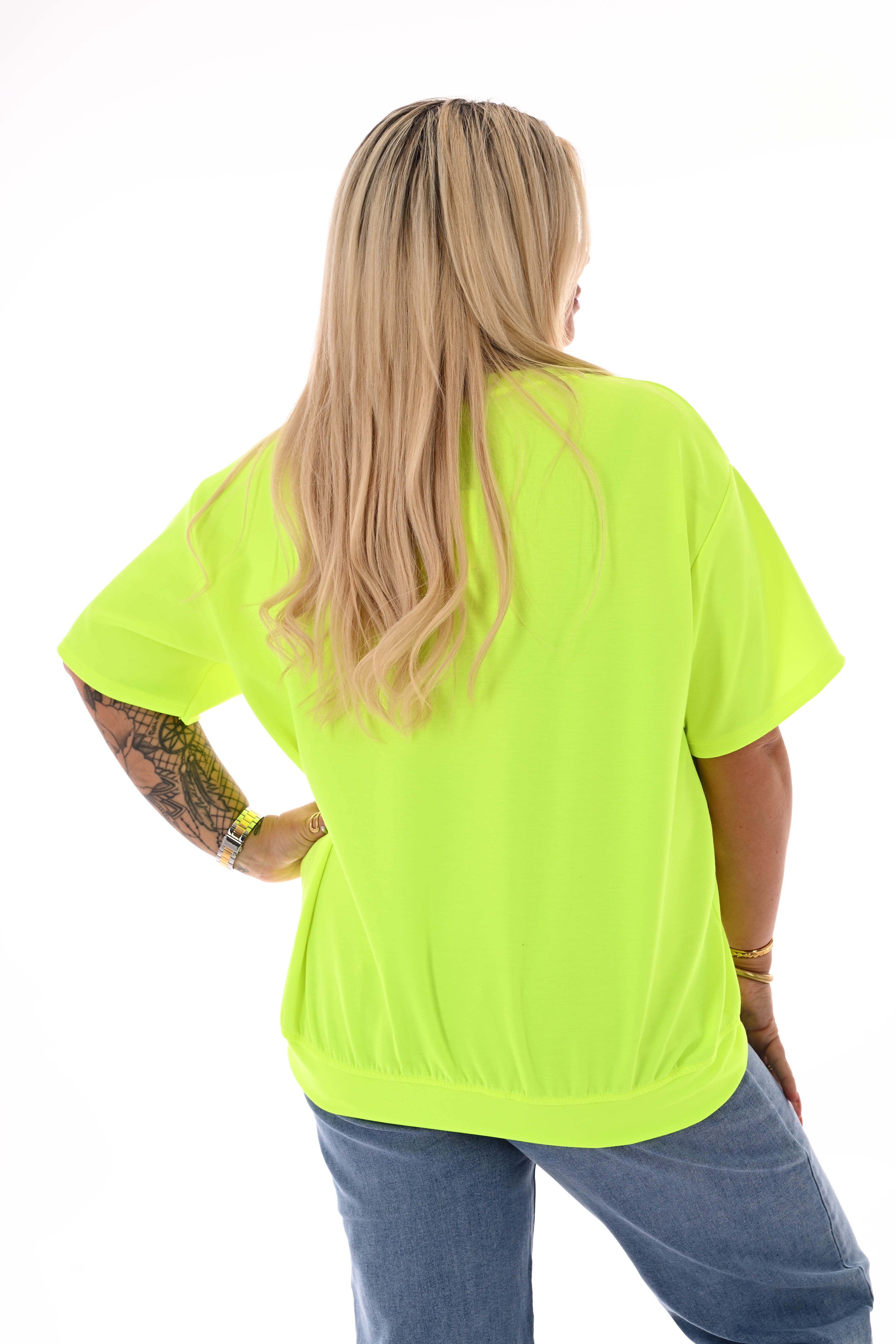 Sweater korte mouwen v-hals uni neongeel