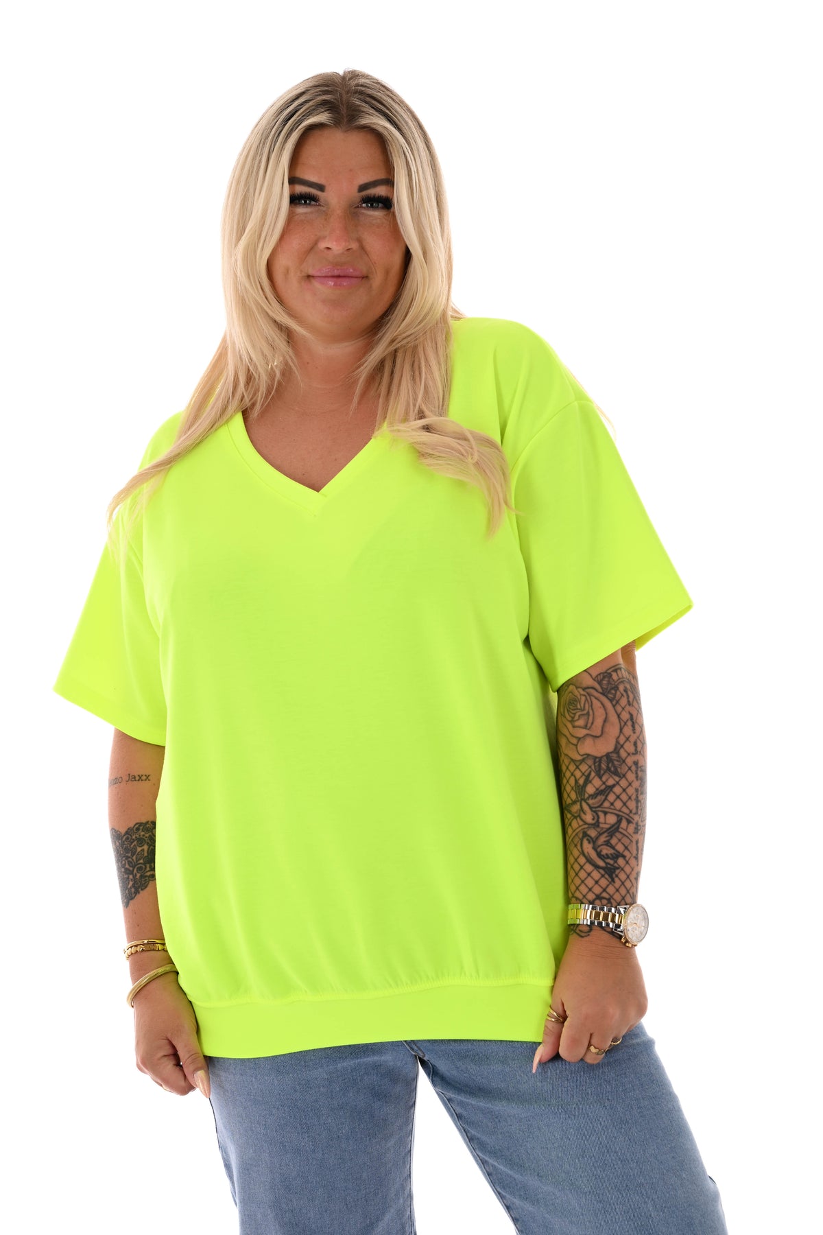 Sweater korte mouwen v-hals uni neongeel
