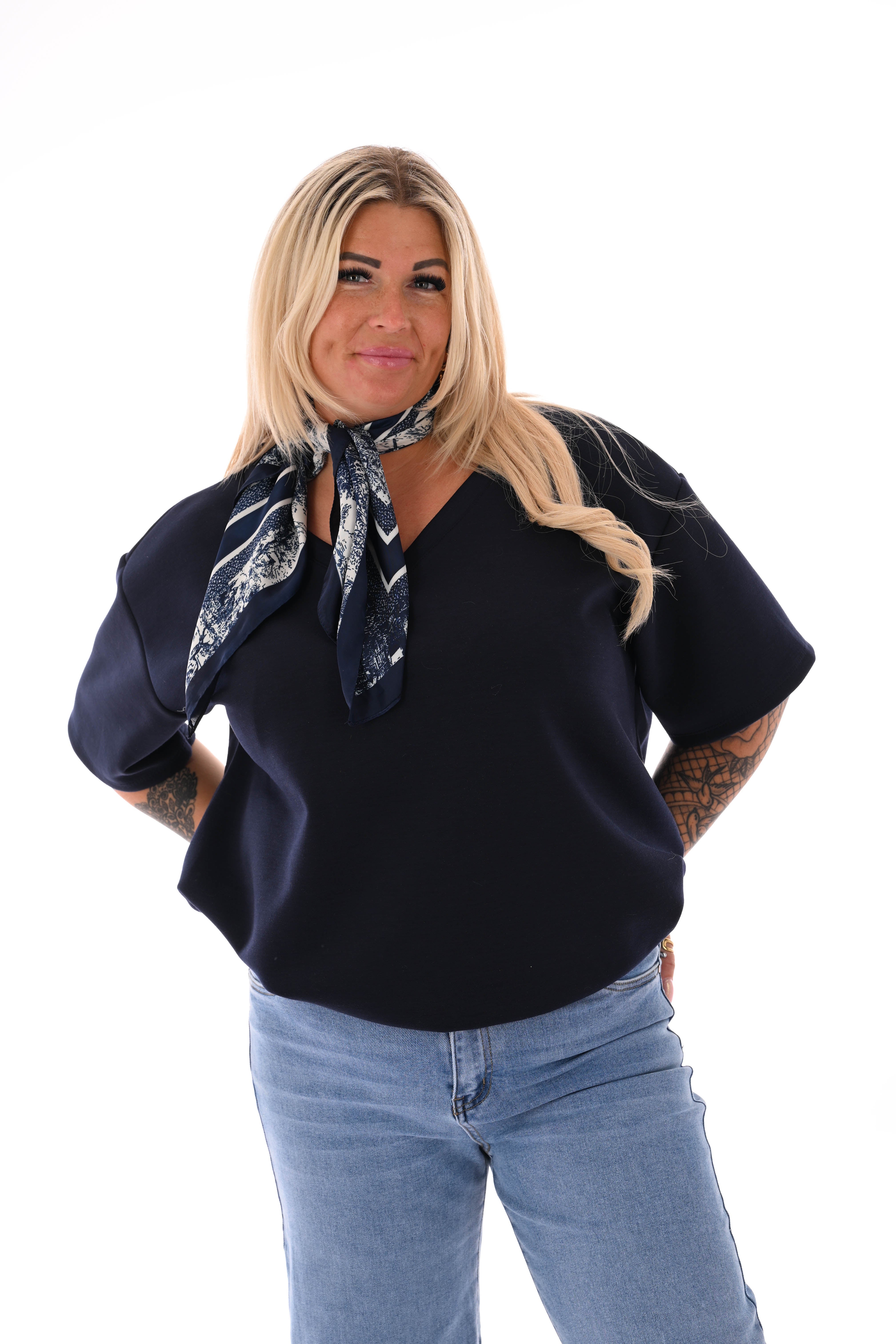 Sweater korte mouwen v-hals uni marineblauw