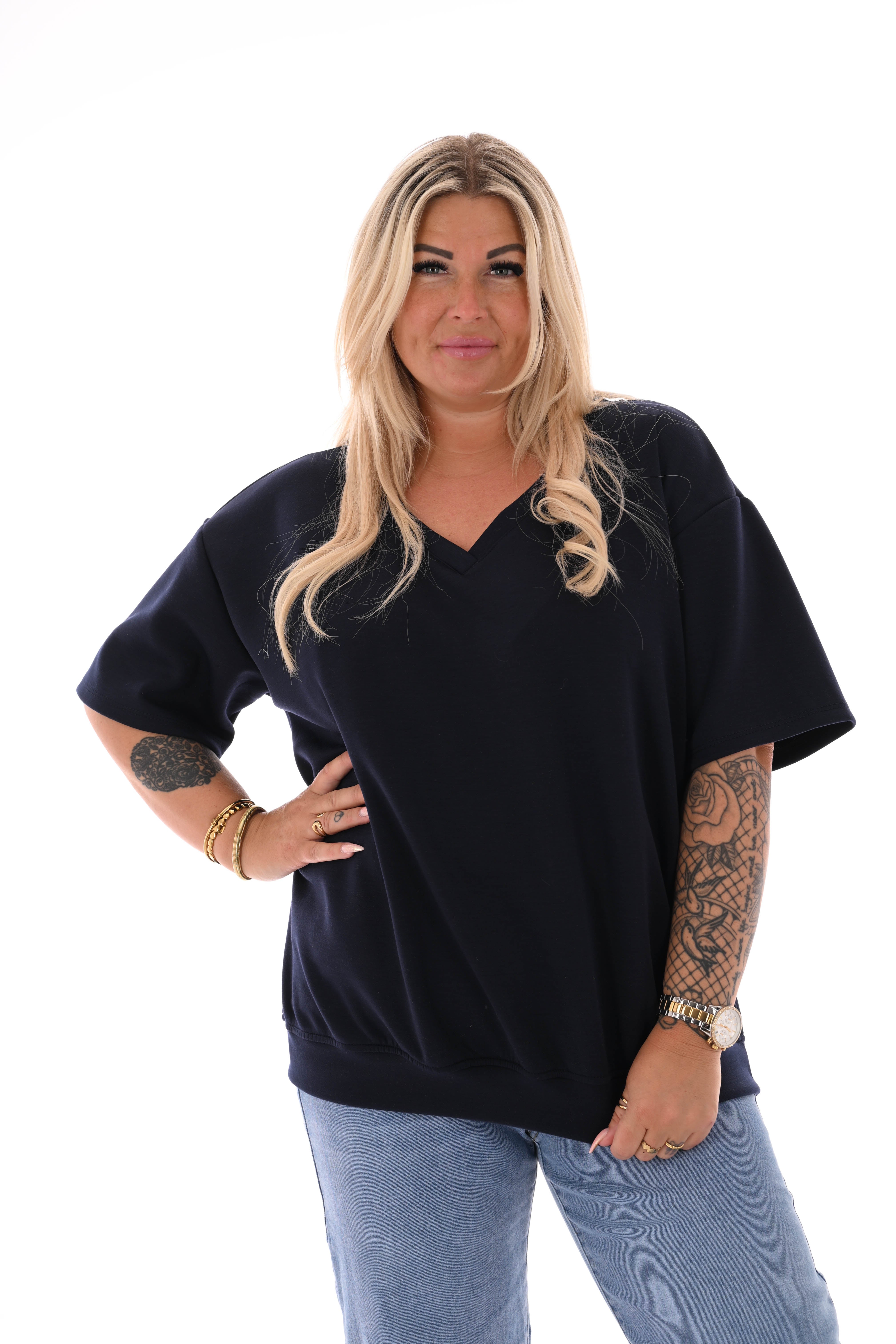 Sweater korte mouwen v-hals uni marineblauw