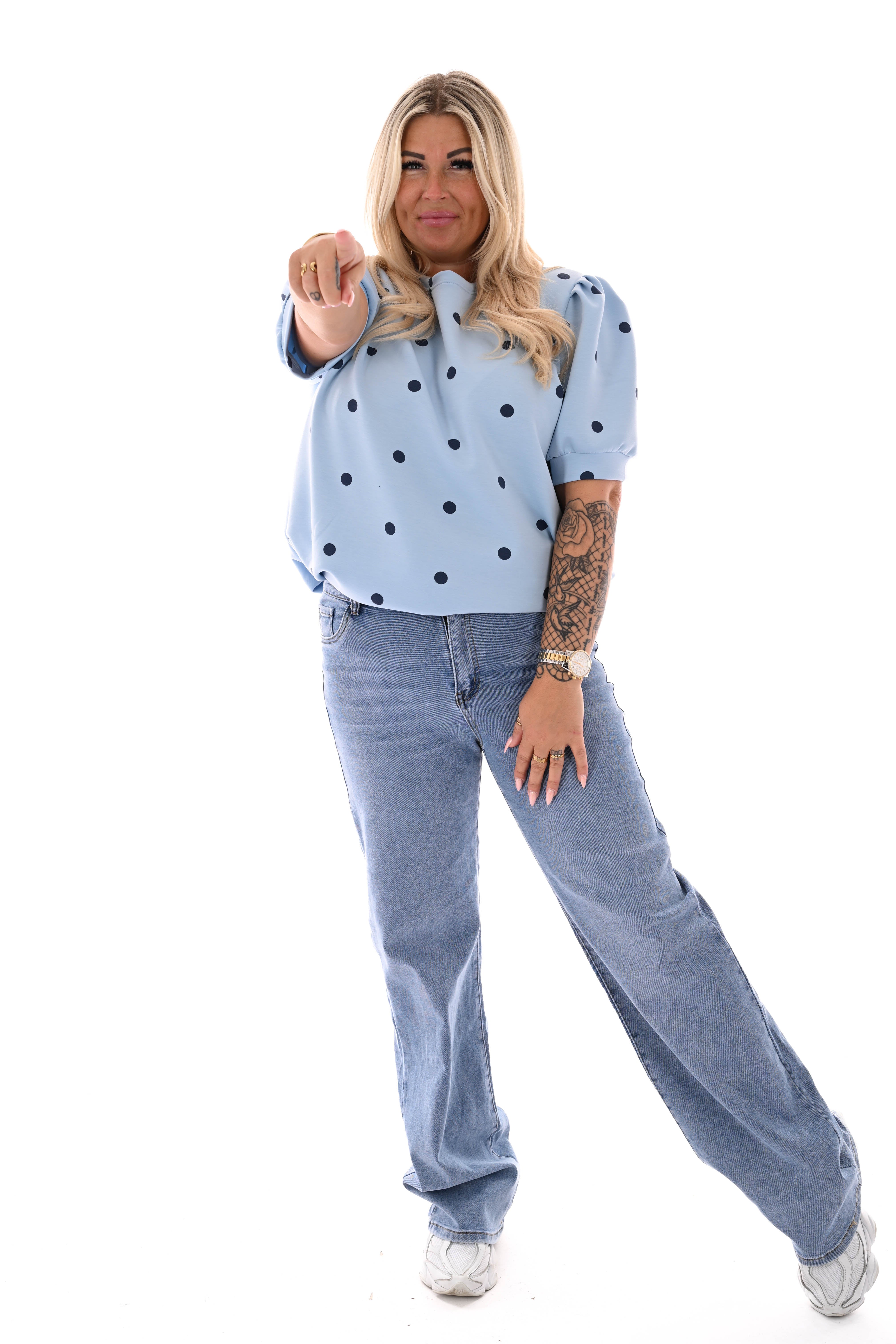 Sweater korte pofmouwen dots lichtblauw