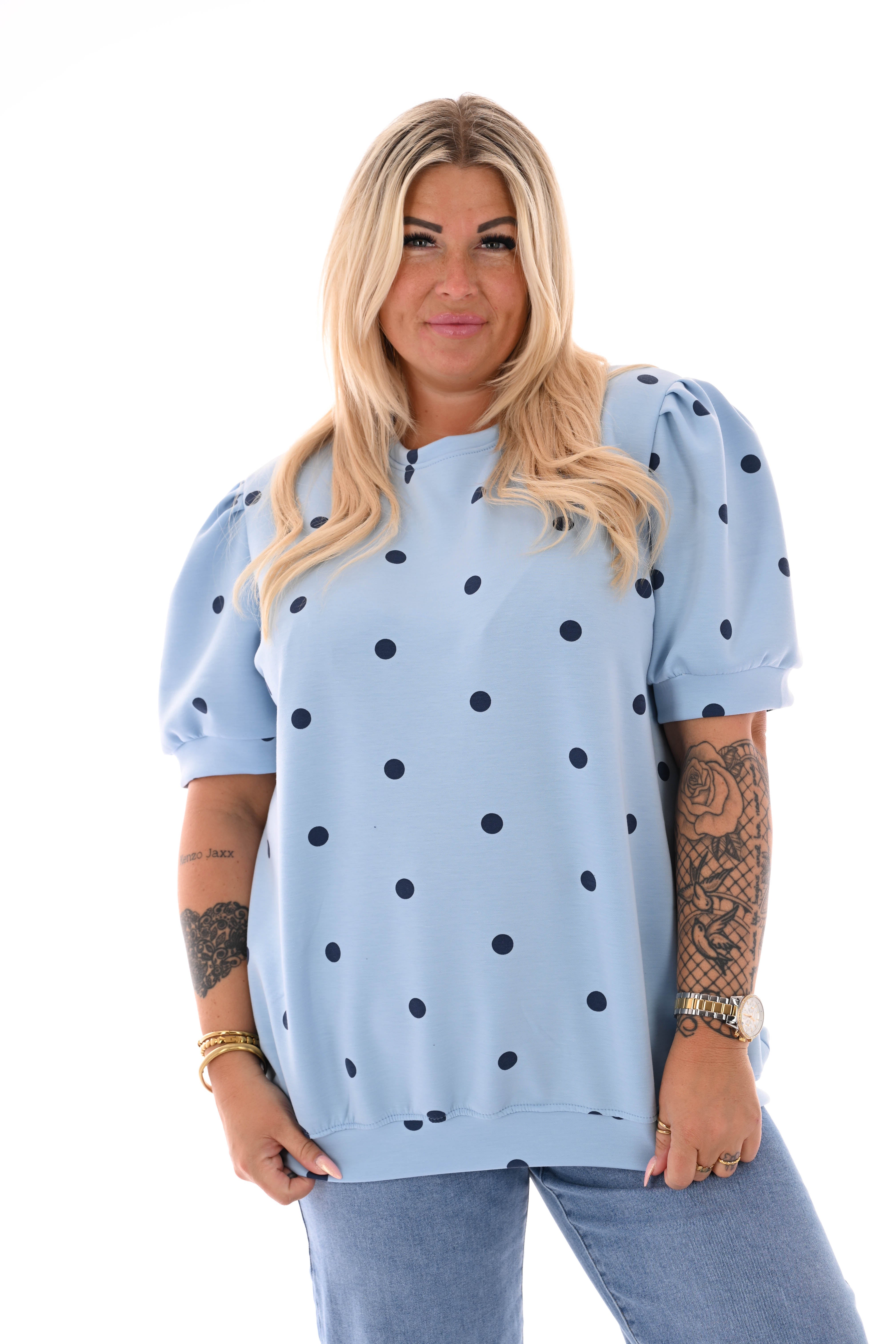 Sweater korte pofmouwen dots lichtblauw