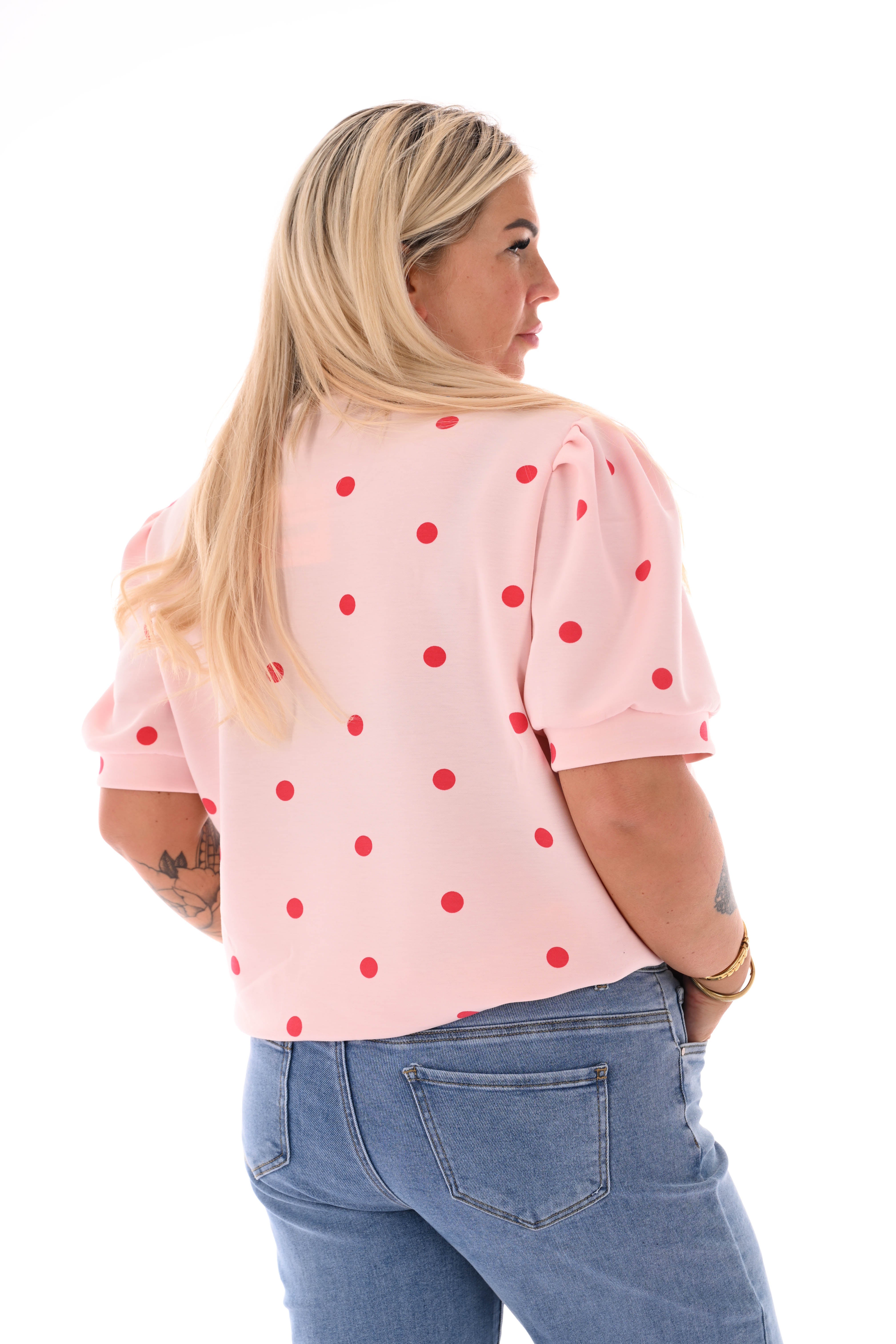 Sweater korte pofmouwen dots lichtroze