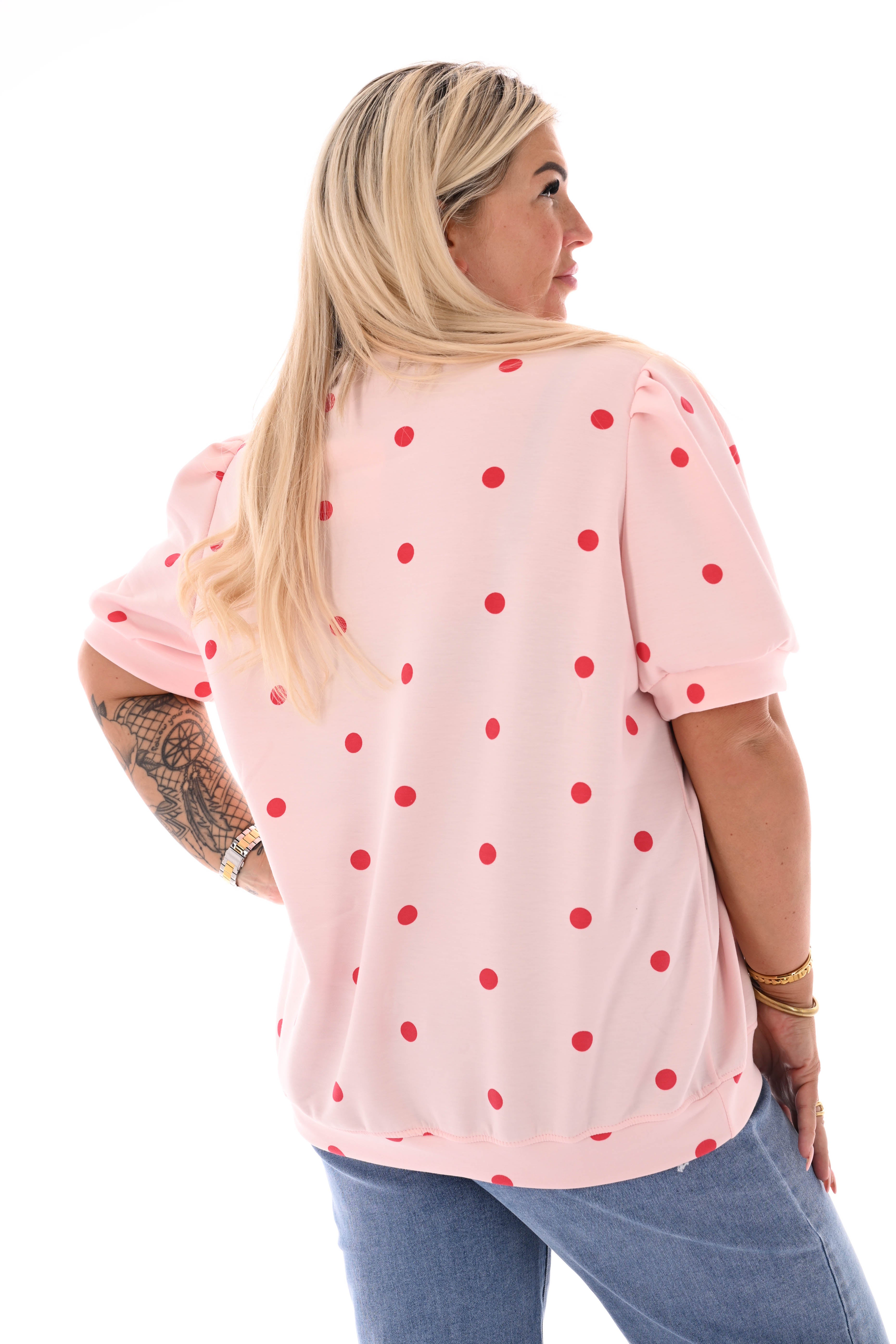Sweater korte pofmouwen dots lichtroze