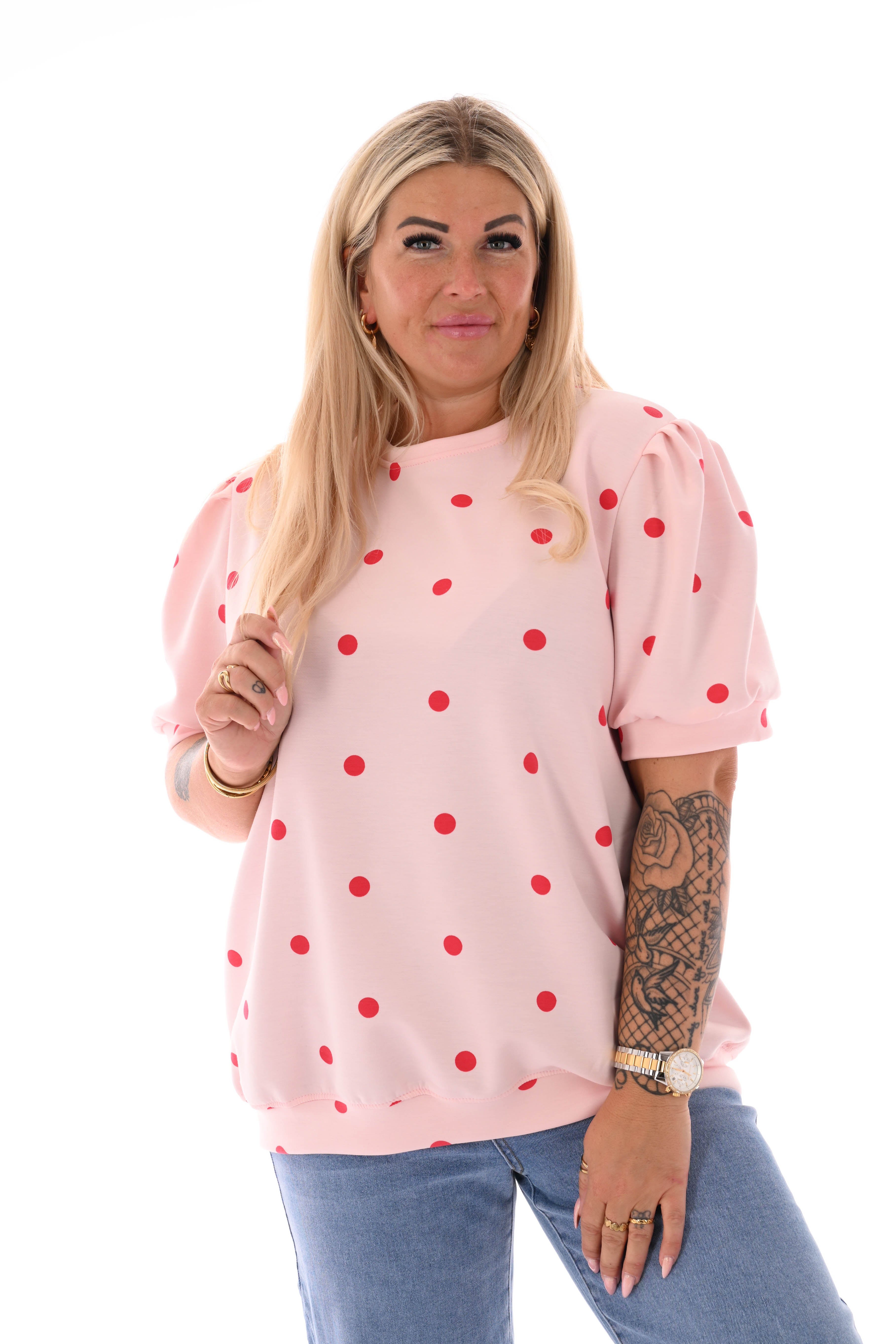 Sweater korte pofmouwen dots lichtroze