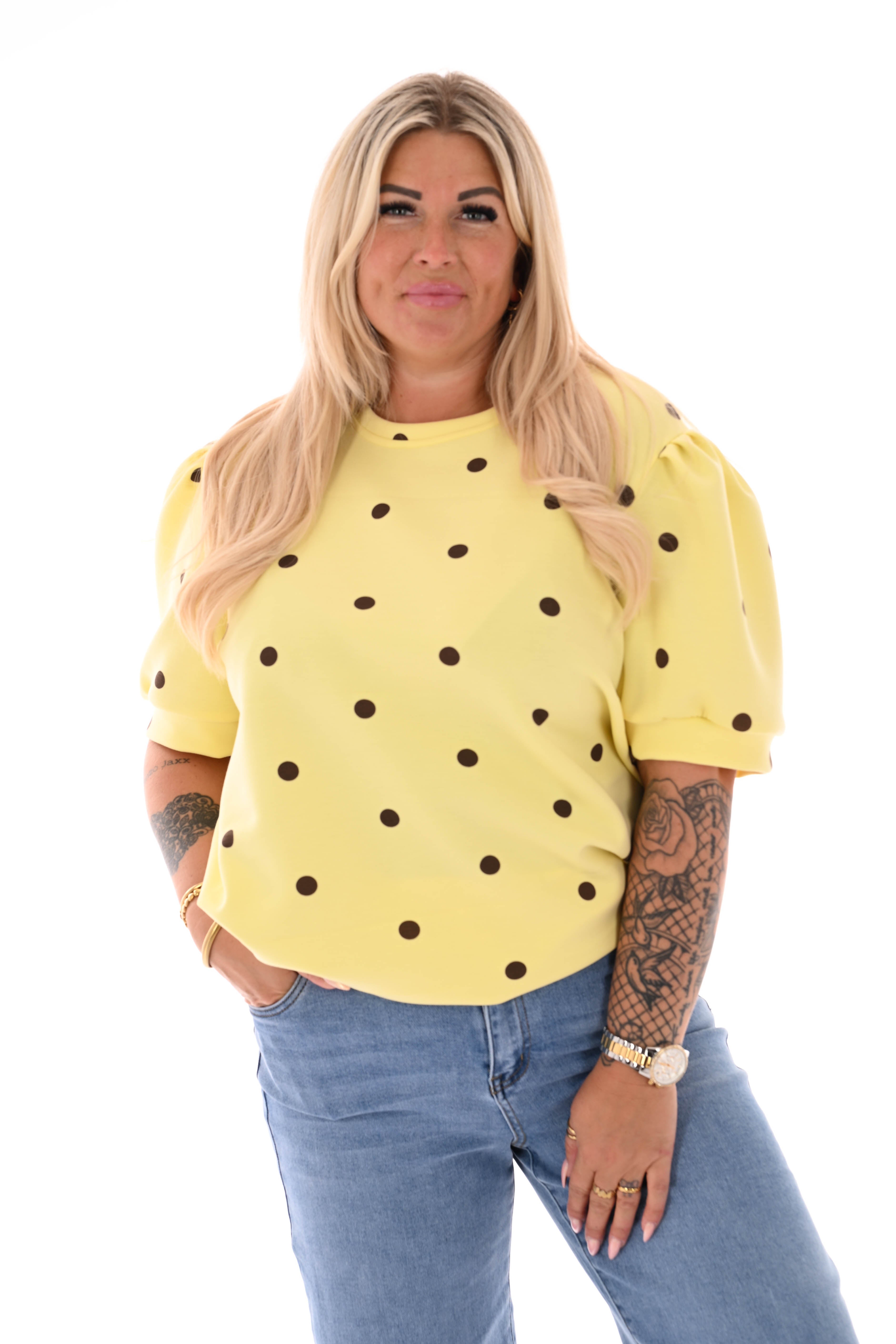 Sweater korte pofmouwen dots geel