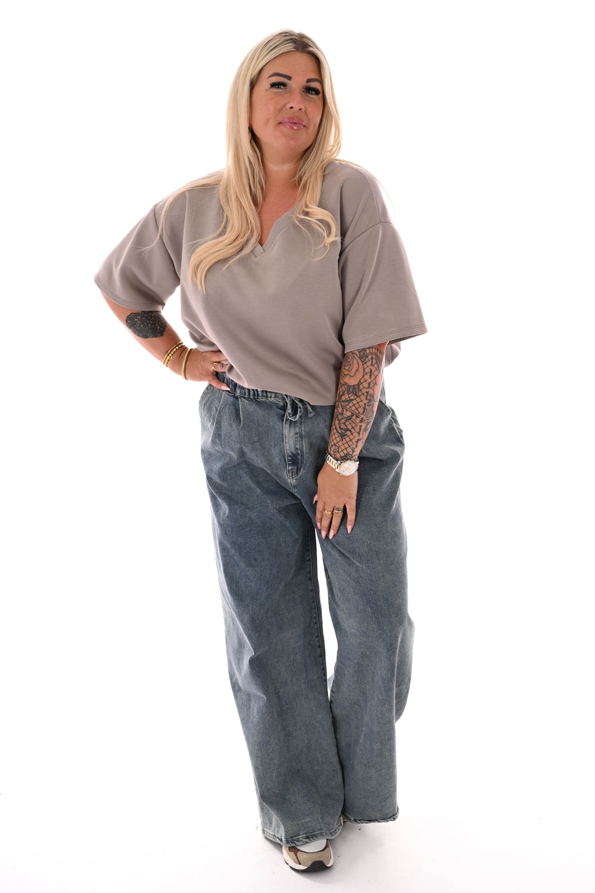 Sweater korte mouwen v-hals uni taupe