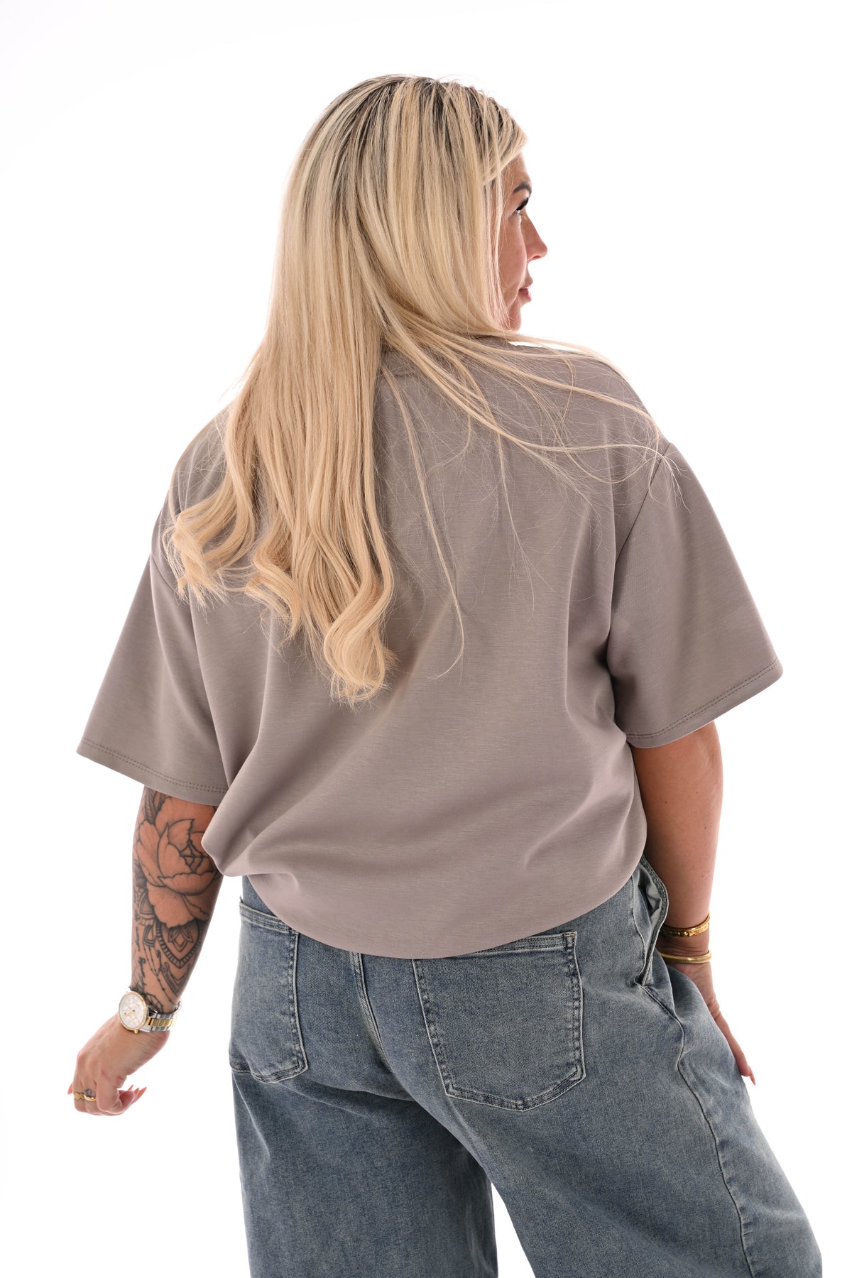 Sweater korte mouwen v-hals uni taupe