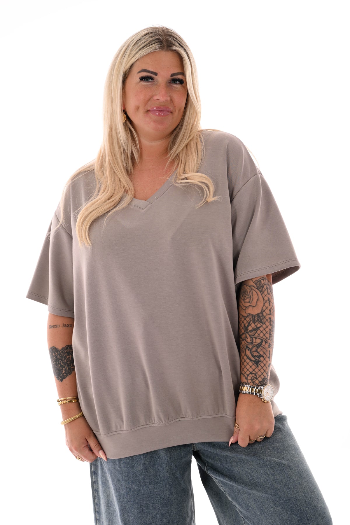 Sweater korte mouwen v-hals uni taupe