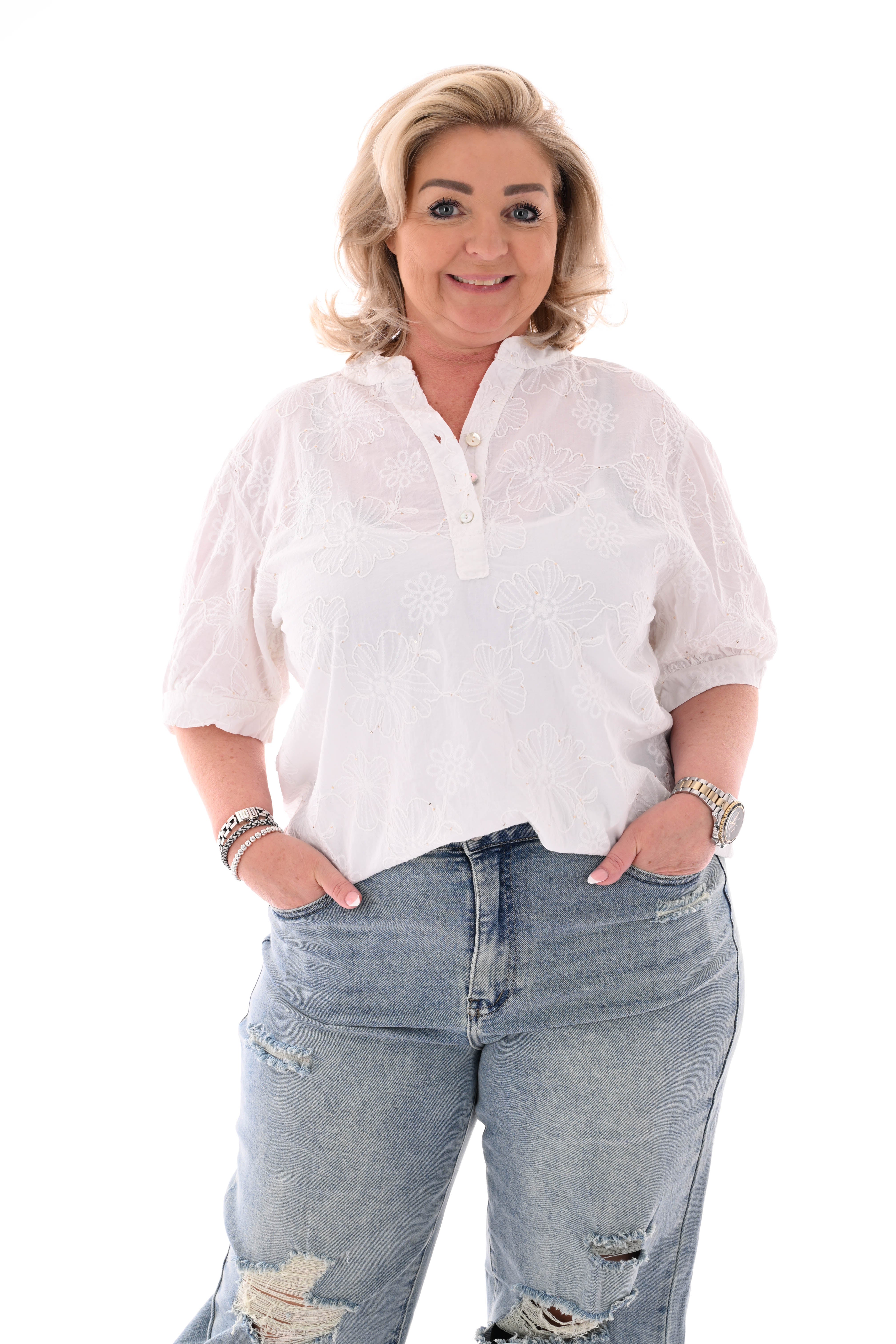 Blouse korte mouwen bloemen roomwit