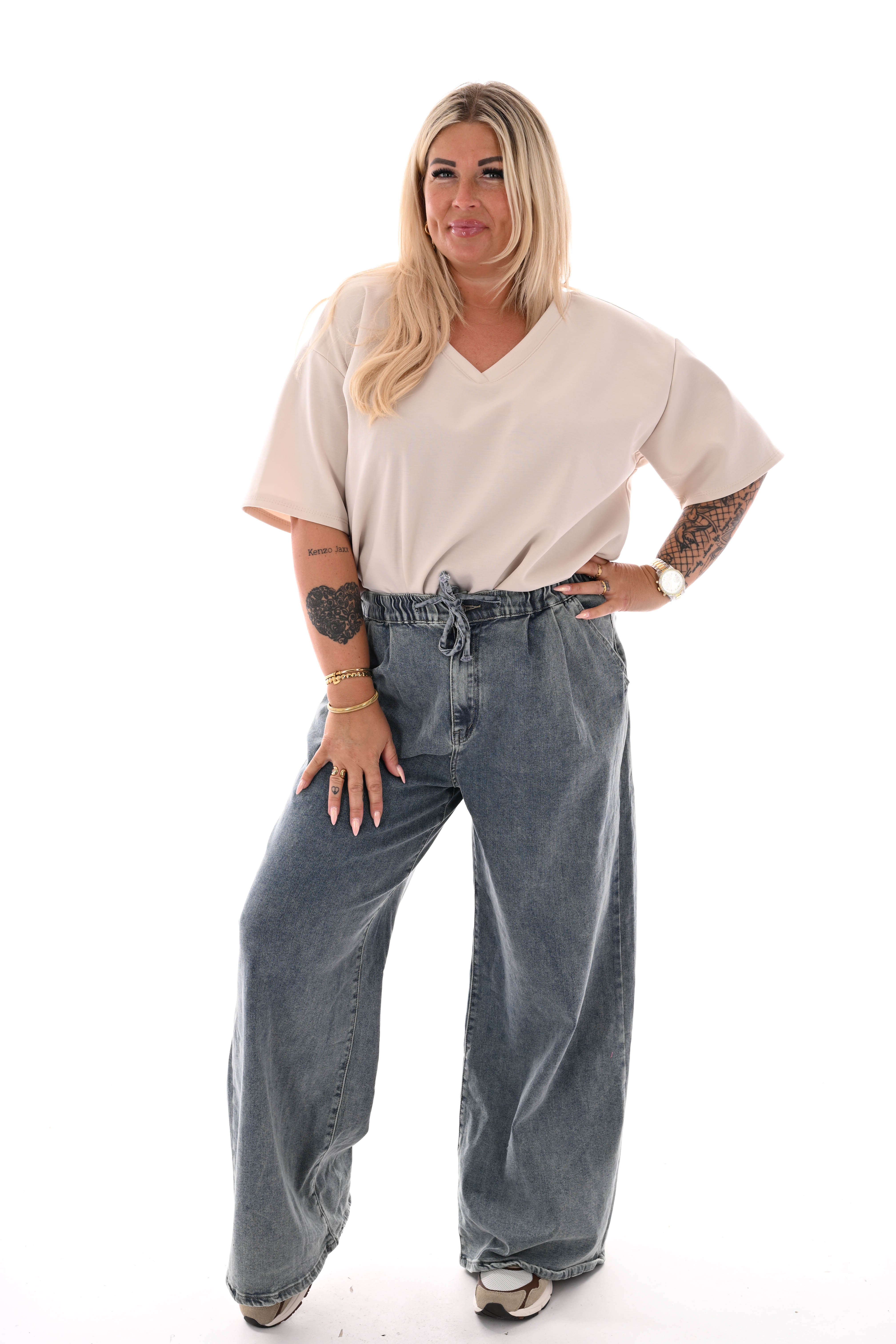 Sweater korte mouwen v-hals uni beige