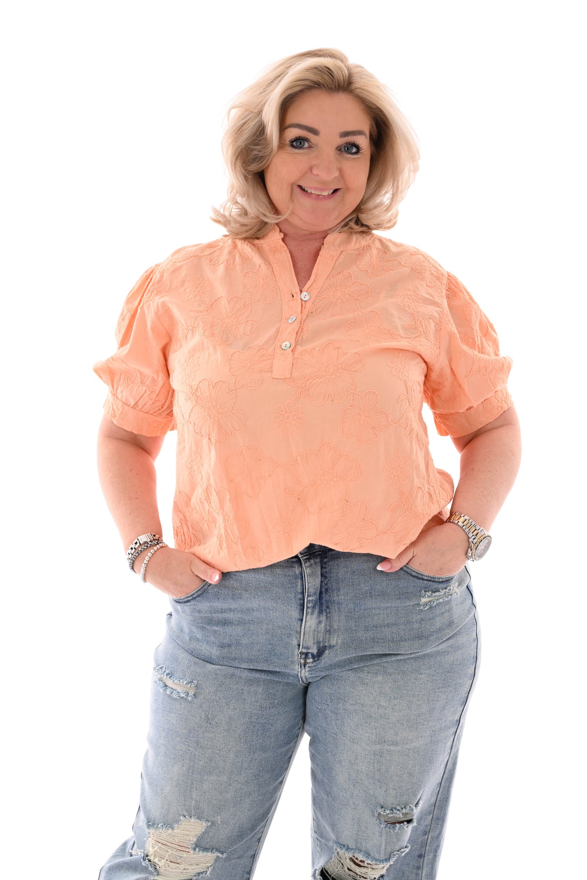 Blouse korte mouwen bloemen peach