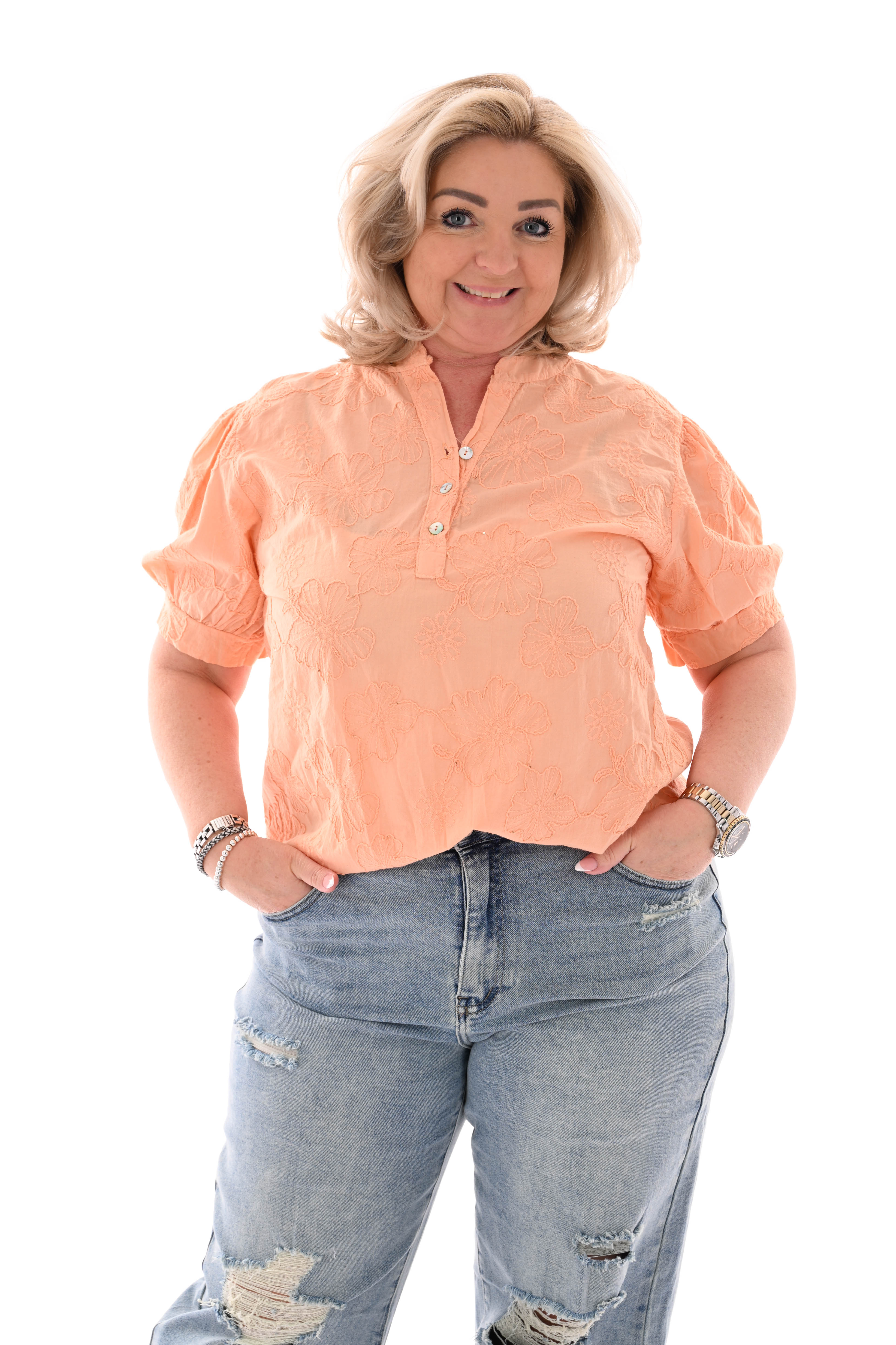 Blouse korte mouwen bloemen peach