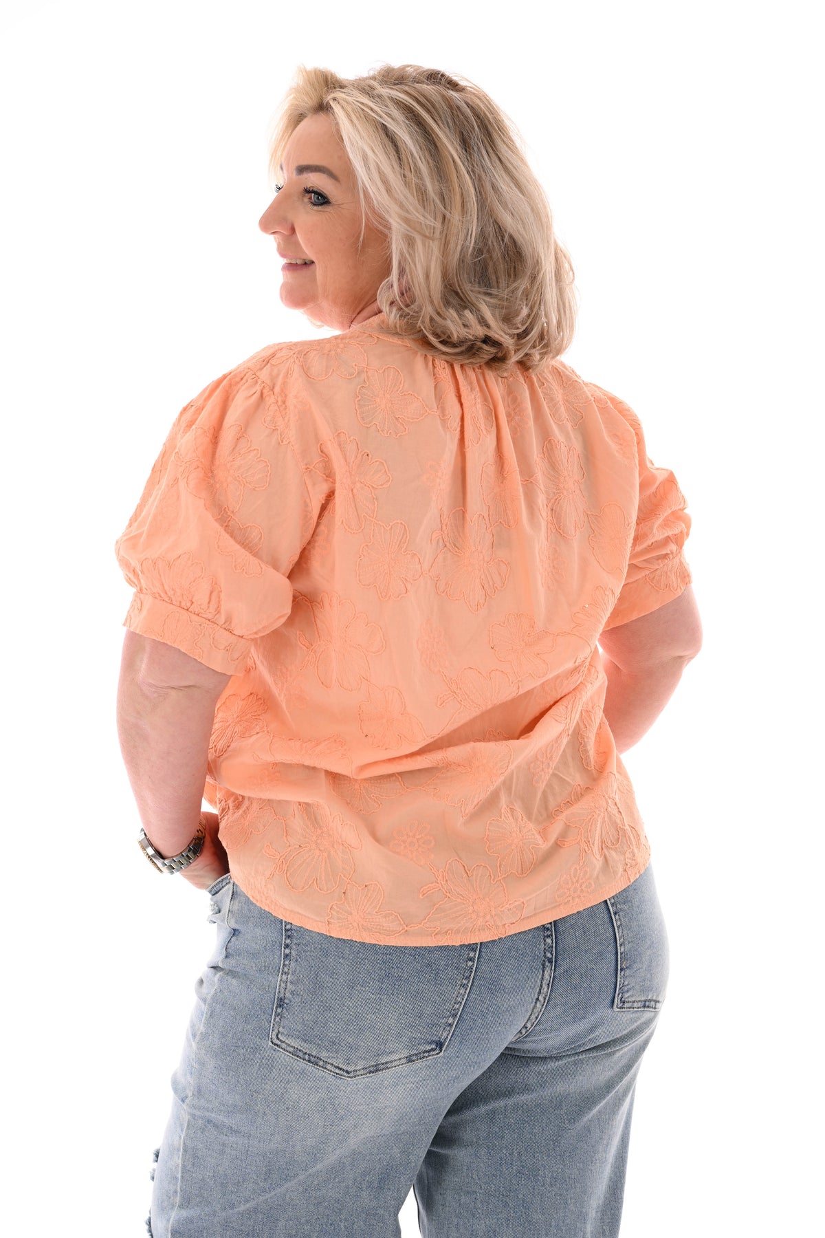 Blouse korte mouwen bloemen peach