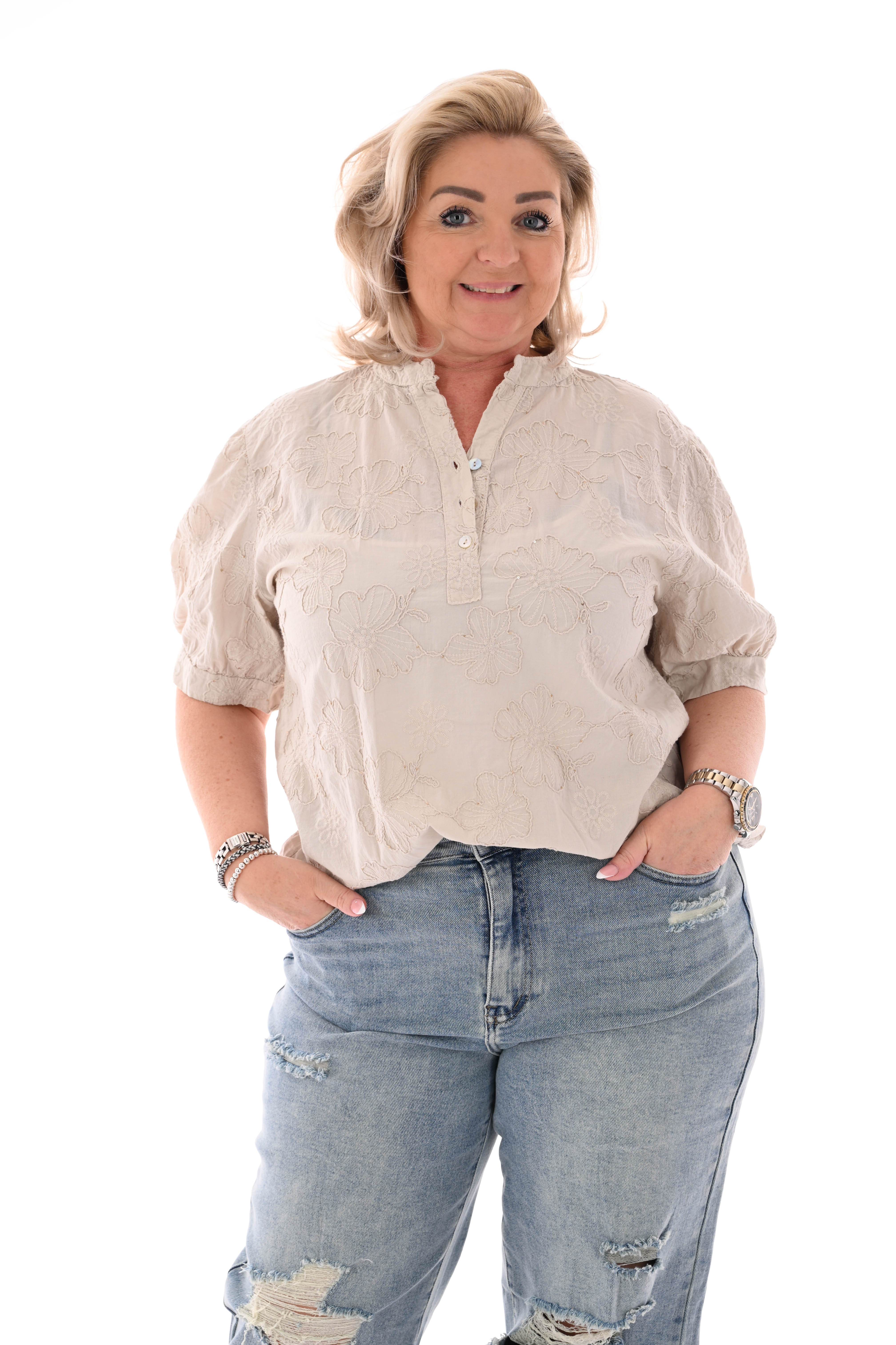 Blouse korte mouwen bloemen beige