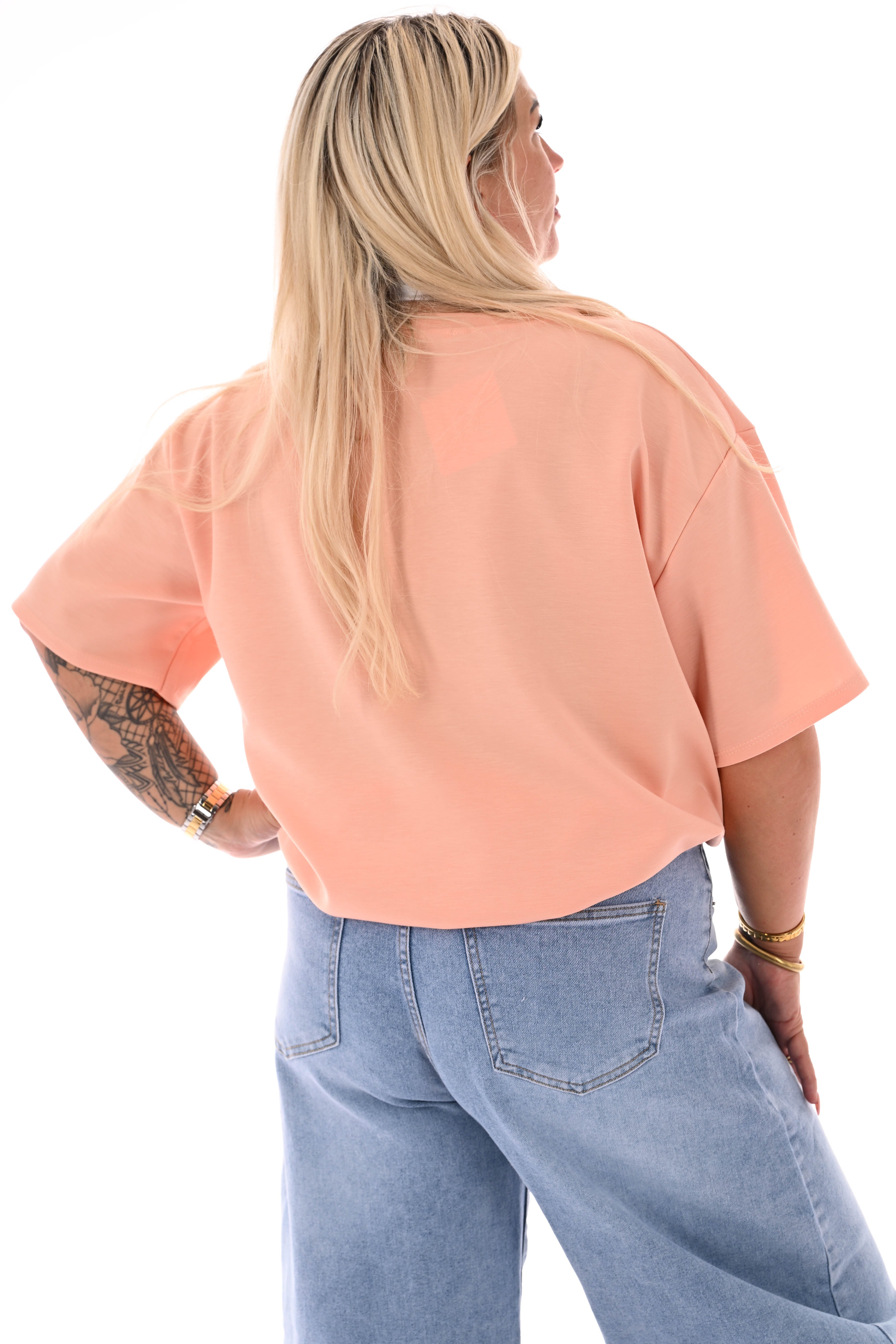 Sweater korte mouwen v-hals uni peach