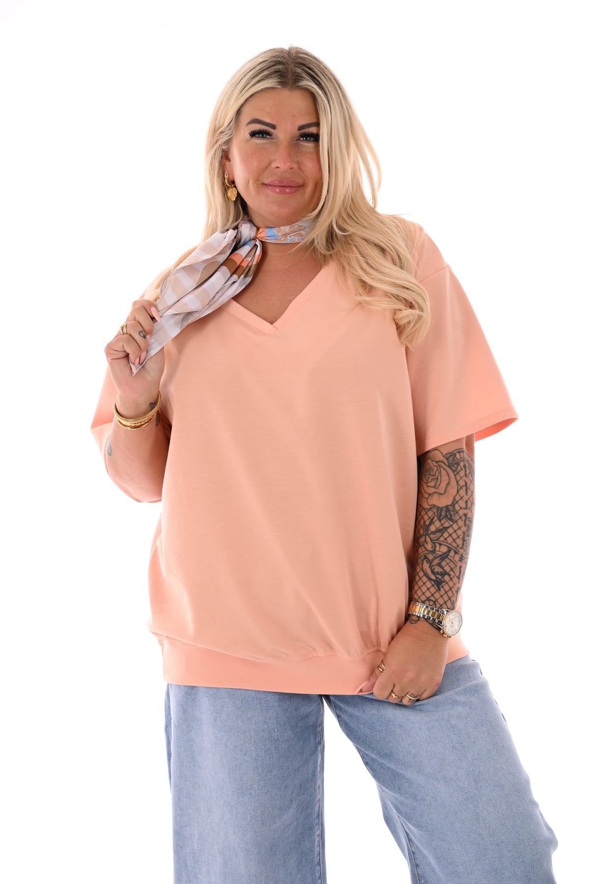 Sweater korte mouwen v-hals uni peach