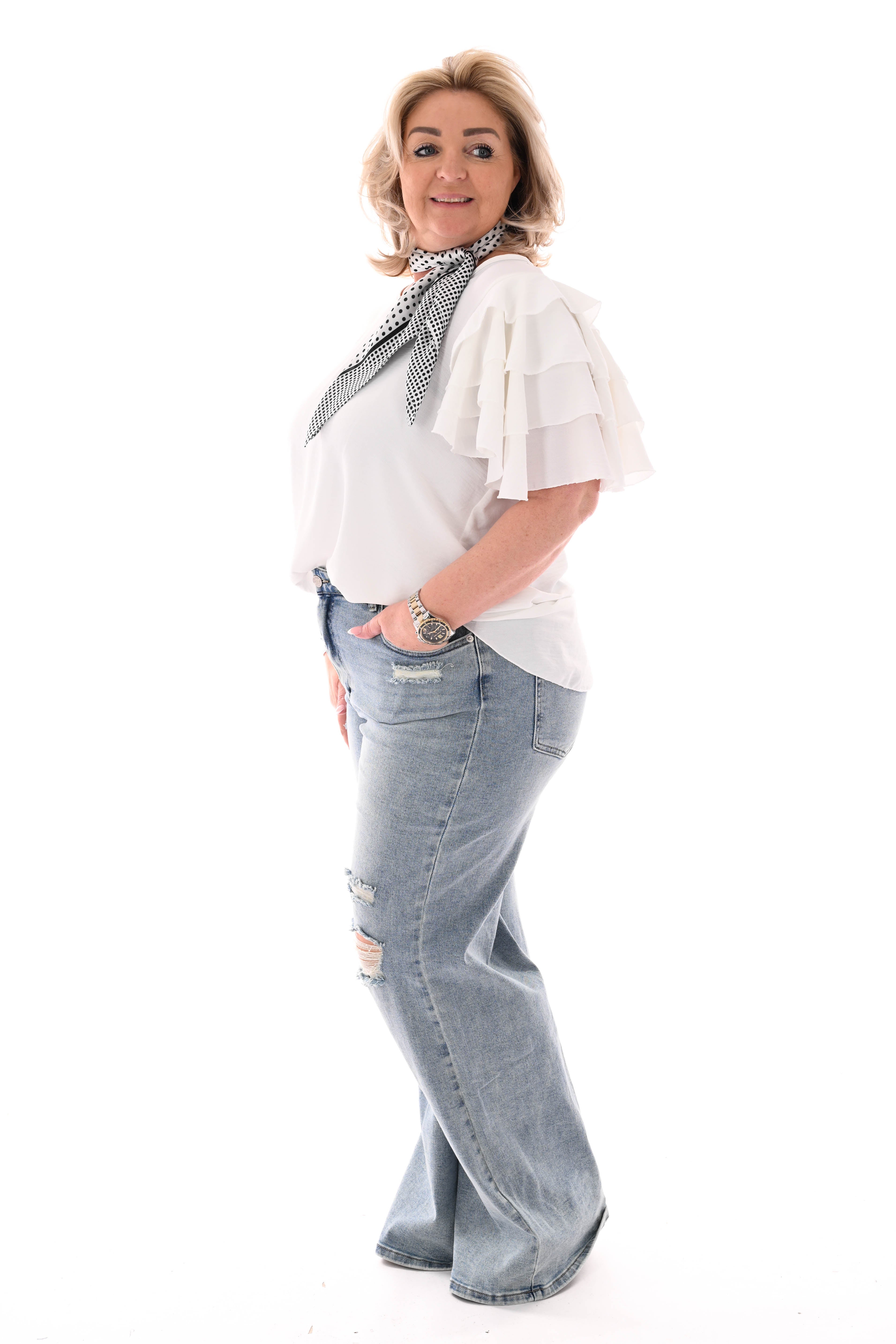 Top korte roezelmouwen uni roomwit