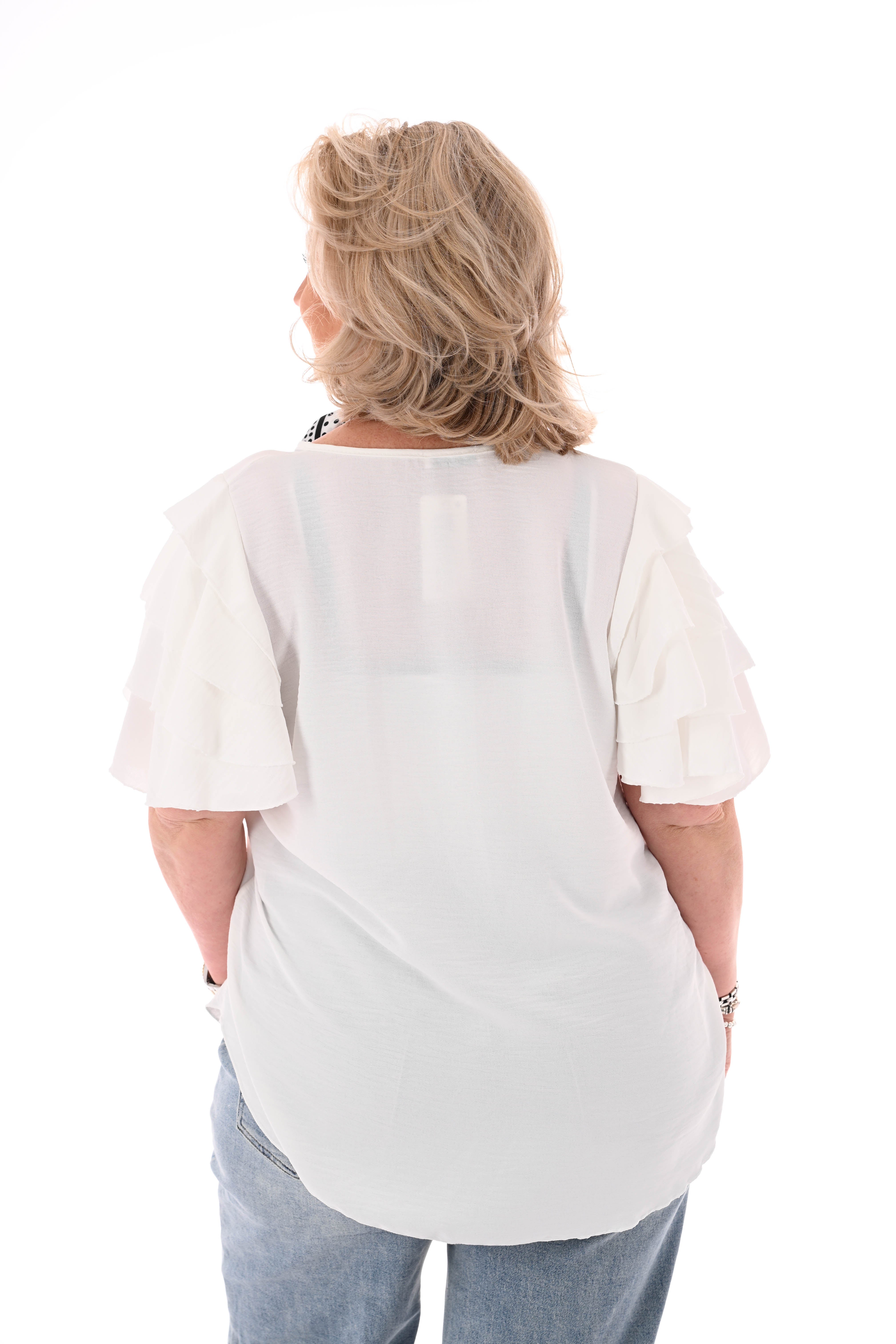 Top korte roezelmouwen uni roomwit