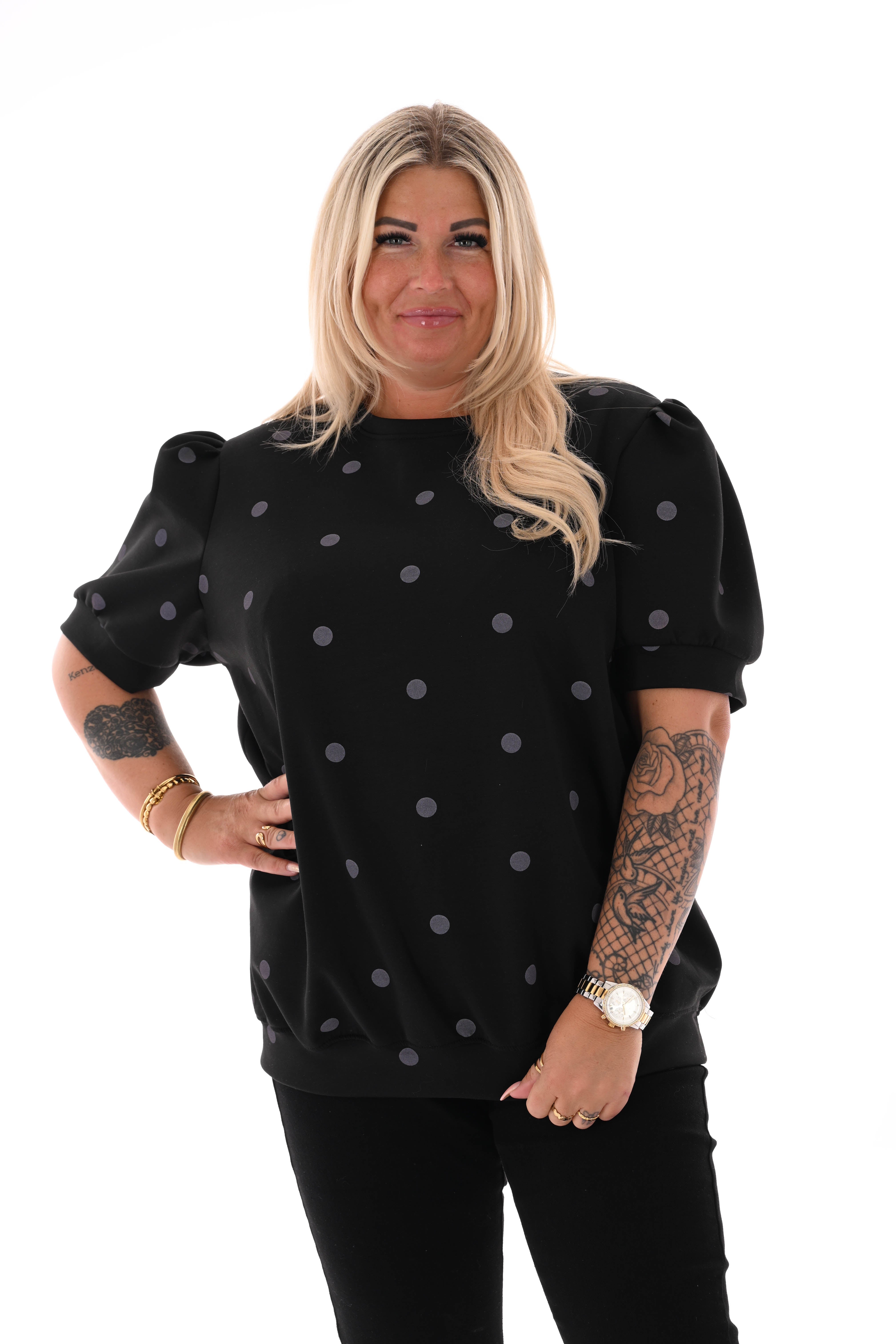 Sweater korte pofmouwen dots zwart