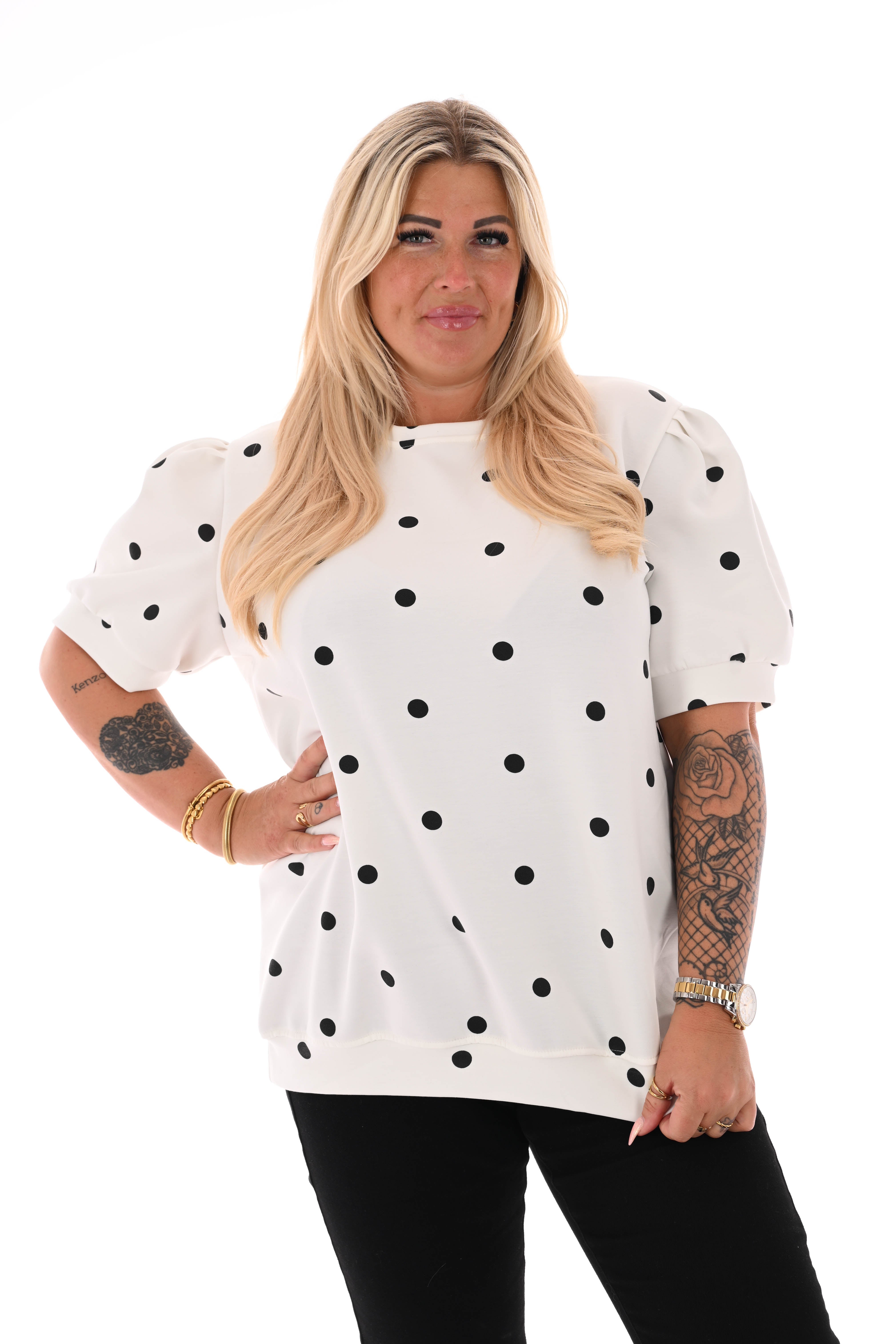 Sweater korte pofmouwen dots roomwit